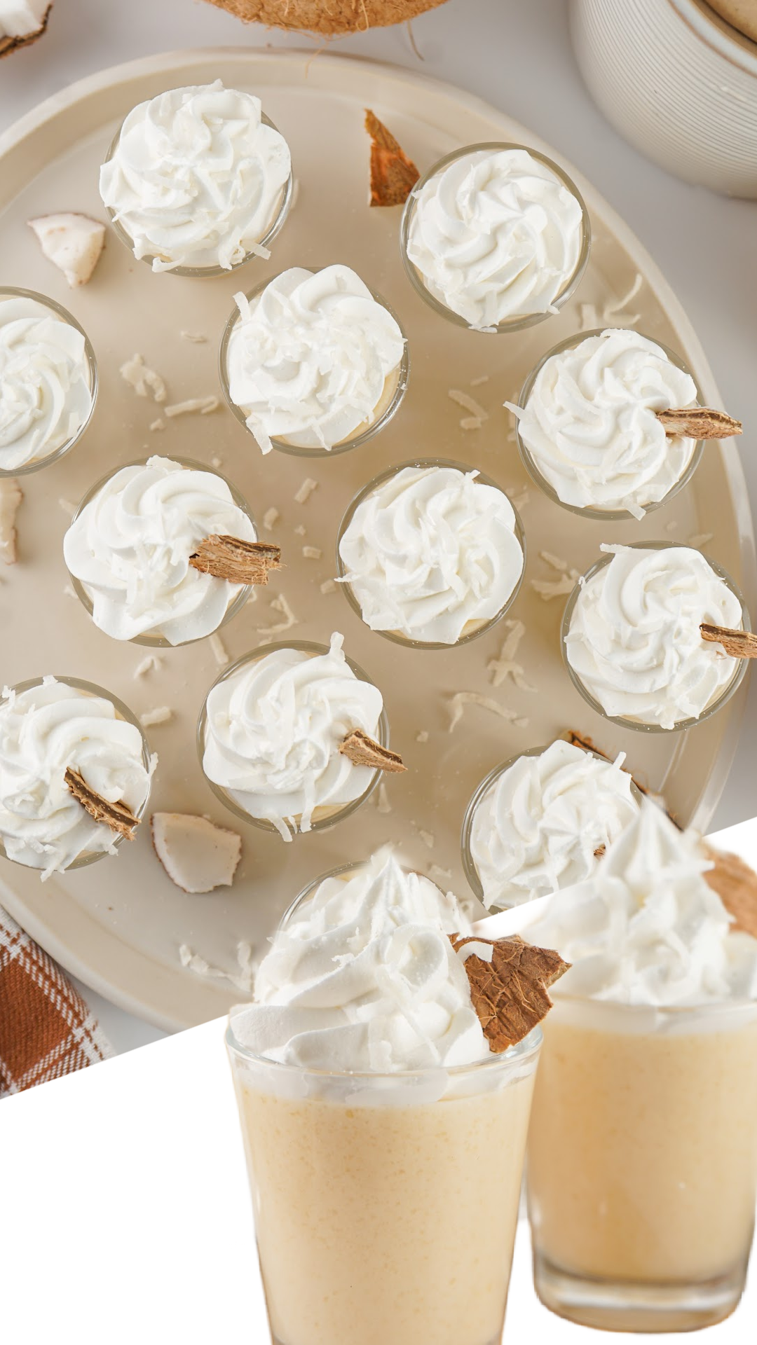 A tray of coconut jello shots with whipped cream from above. Two coconut shots are in the foreground. Garnish with shredded coconut.
