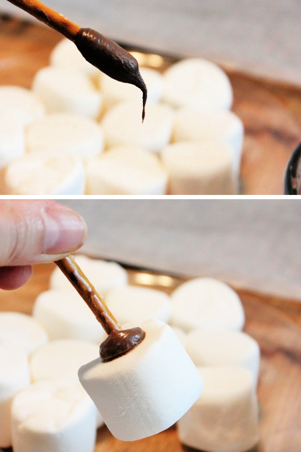 Dip a small pretzel stick in melted chocolate and stick it into the middle of a marshmallow.