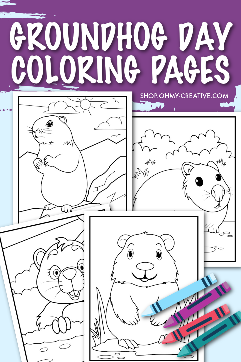 A collage of Groundhog Day coloring pages. Great for kids to color or crafts for Groundhog Day.