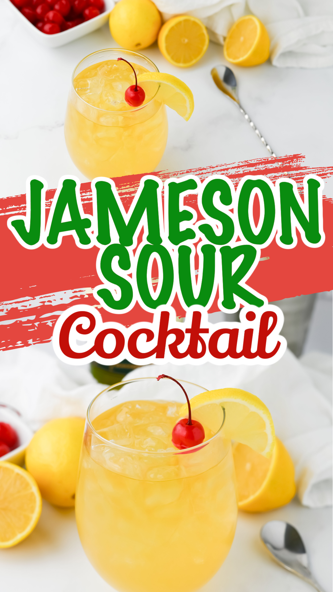 A pin double image of a Jameson sour cocktail garnished with lemon and a cherry.