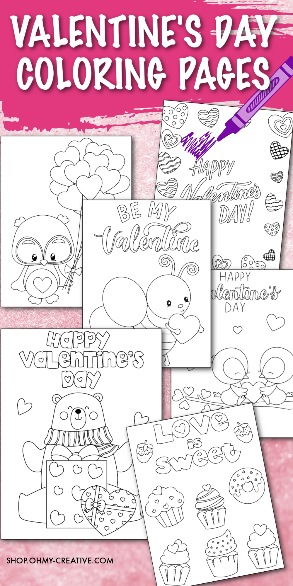 A collage of 6 Valentine's Day coloring sheets for kids.
