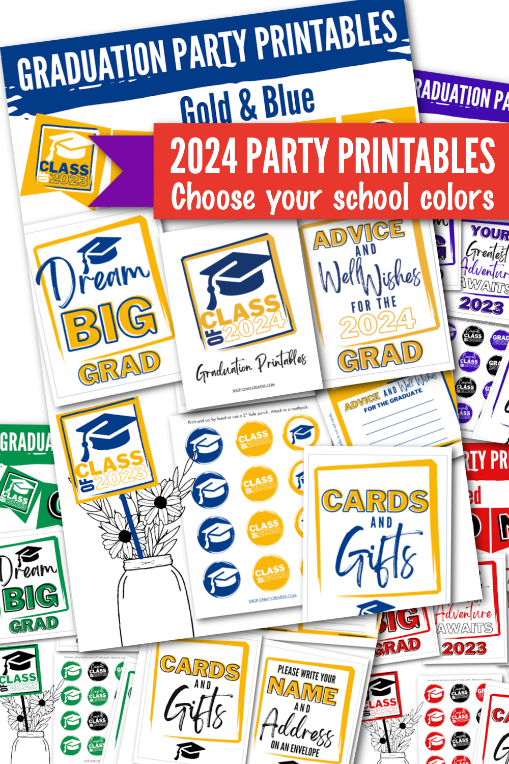Create the perfect graduation party with these graduation party printable decorations. Including a "Congratulations" banner, graduation quote signs, graduation centerpiece printables, Grad party candy bar signs and more! Grad party decorations in school colors. Use them for high school grad party or college graduation party!