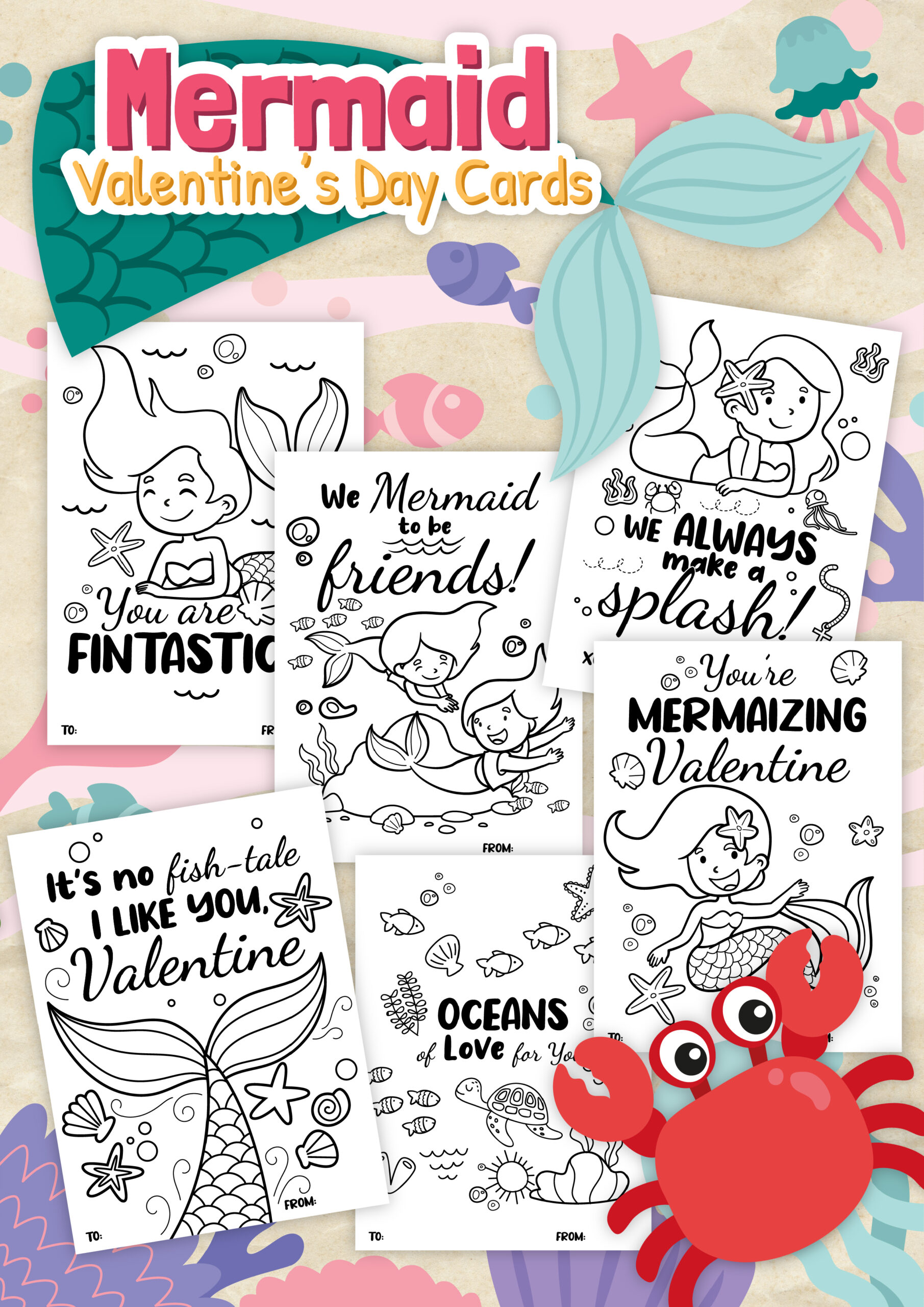 A collage of printable mermaid coloring Valentine's Day cards for kids. Fun Valentine sayings and cute mermaid drawings to color.