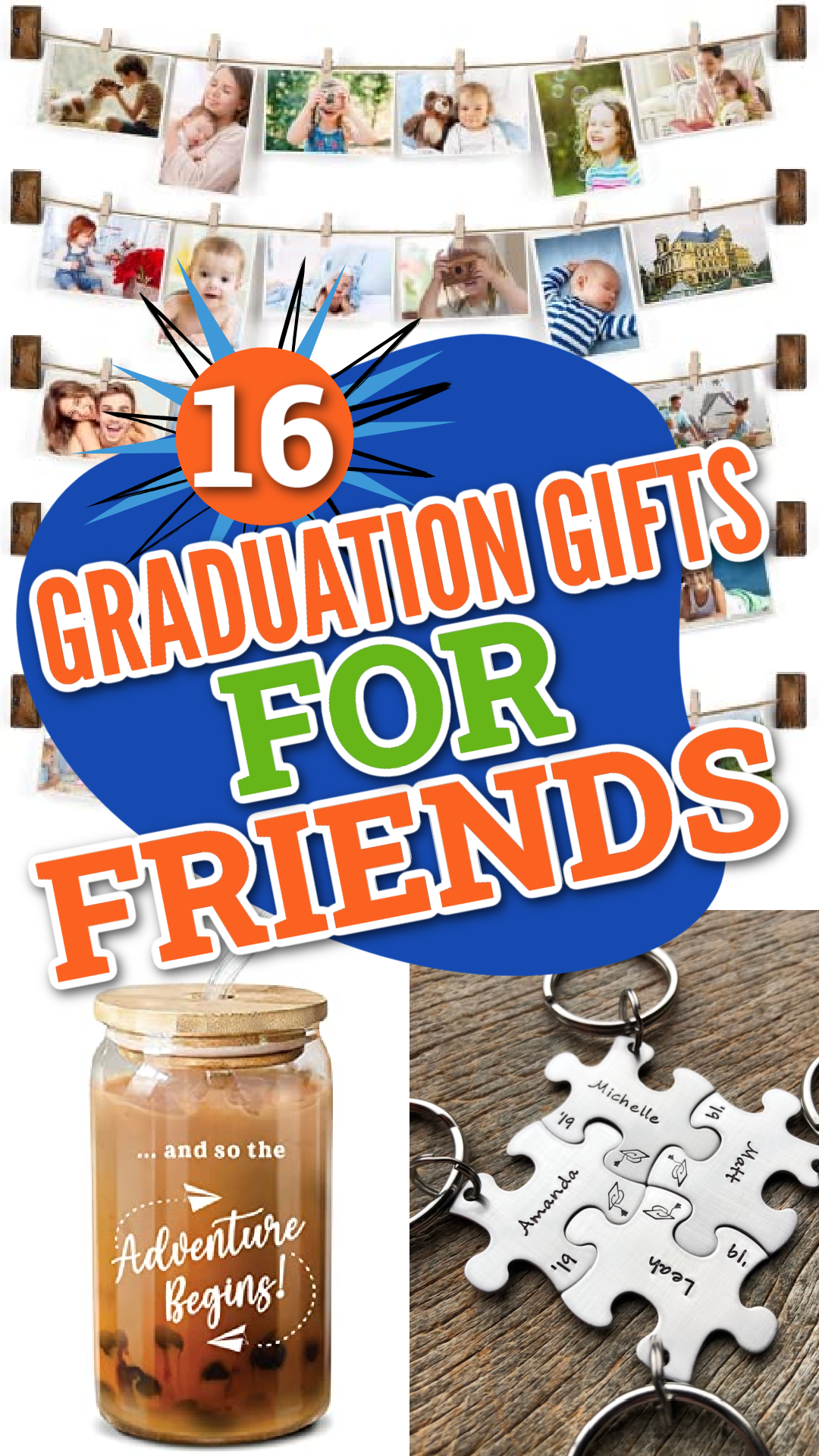 A collage of graduation gift ideas including a hanging photo board, graduation cup and puzzle keychains .