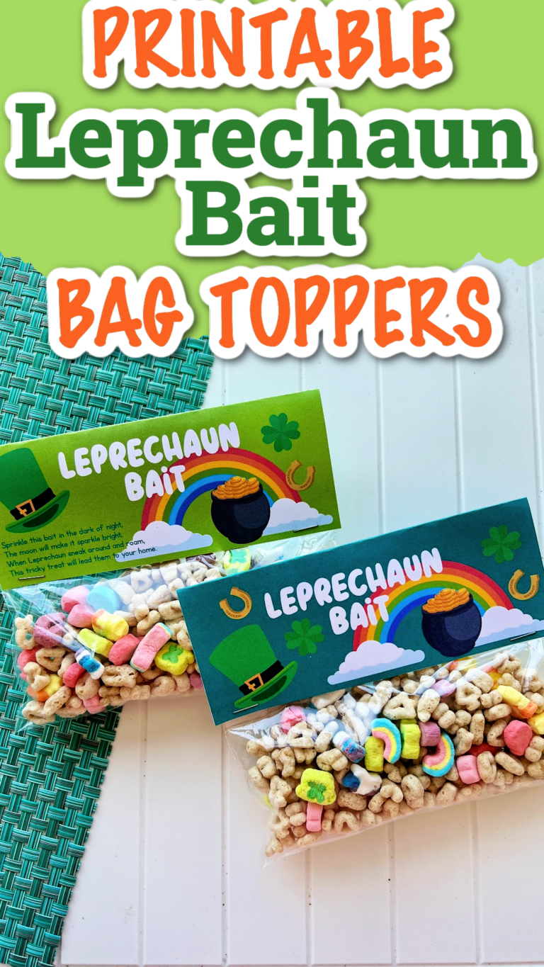 pin image for leprechaun bait bag toppers including 2 designs. Lucky Charms are in the bags.