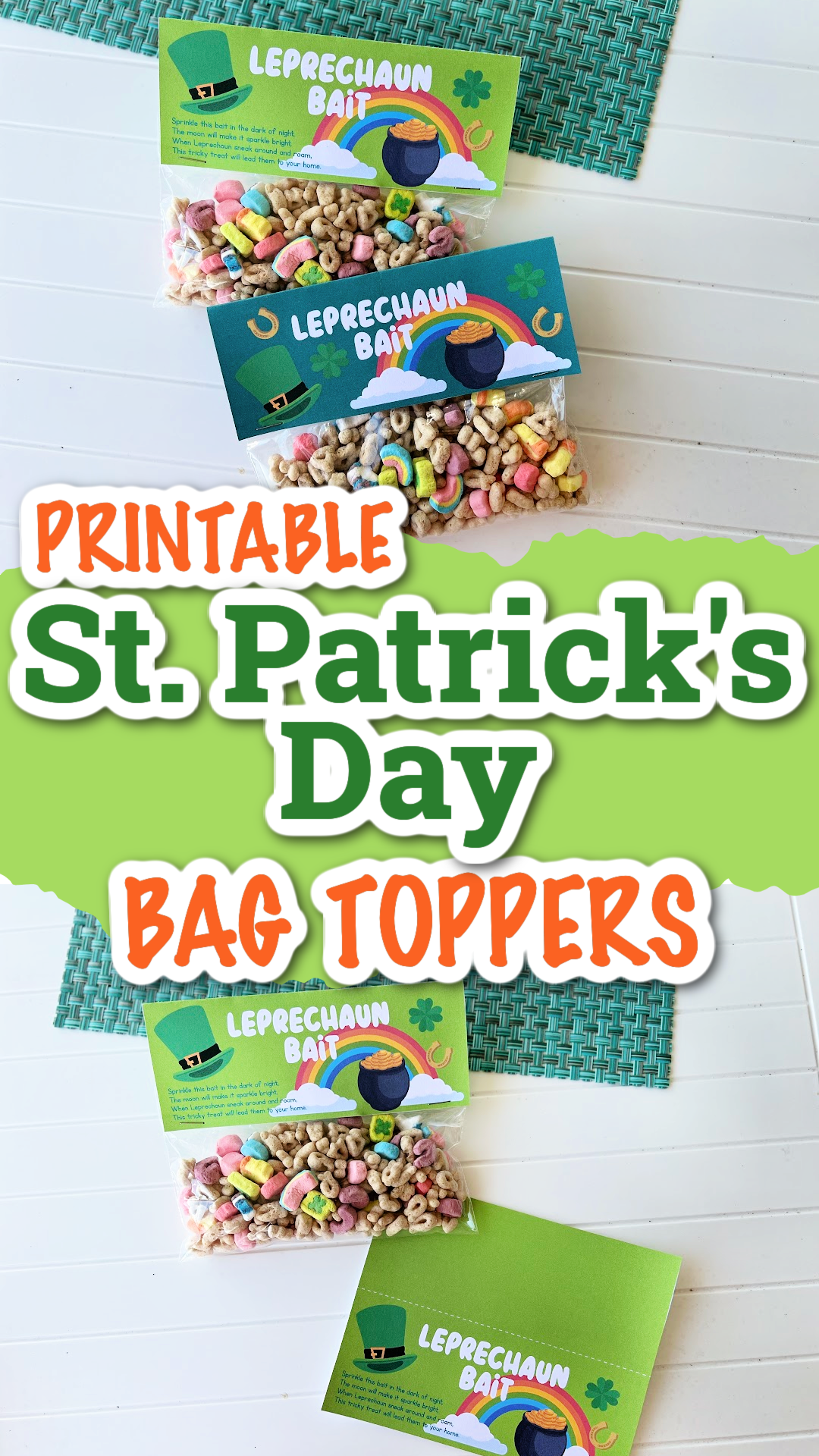 pin image including 2 images for leprechaun bait bag toppers including 2 designs. Lucky Charms are in the bags.