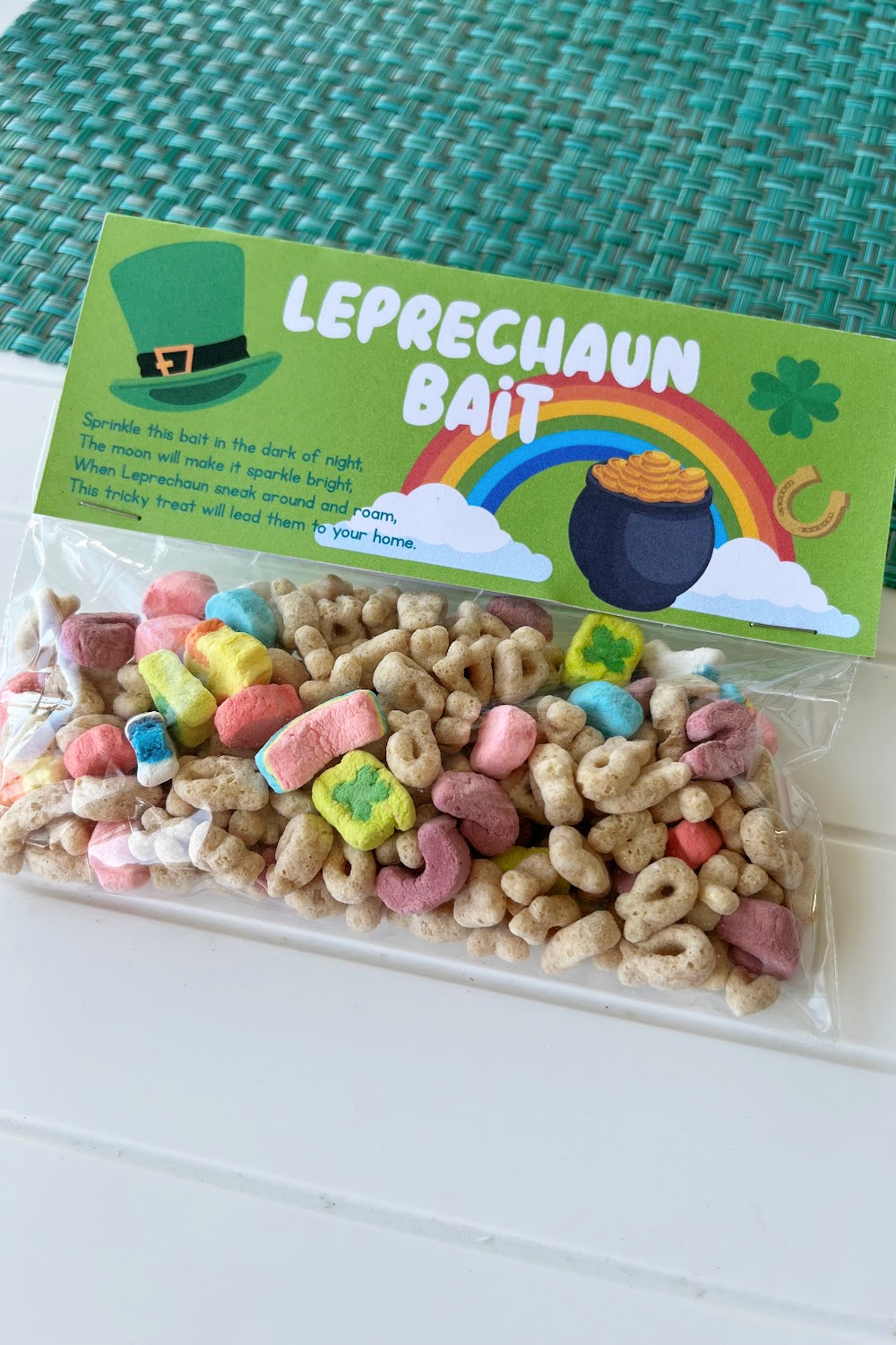 a light green leprechaun bag treat bag filled with Lucky Charms.