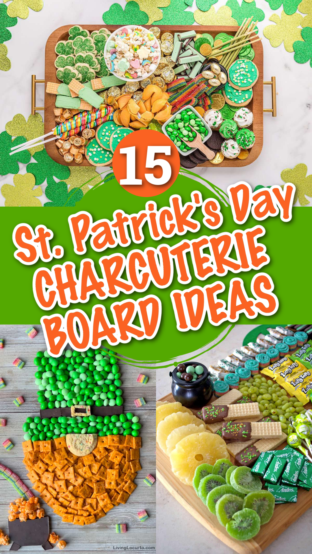 A collage of St. Patrick's Day charcuterie board ideas including rainbow fruit trays and green snack boards.
