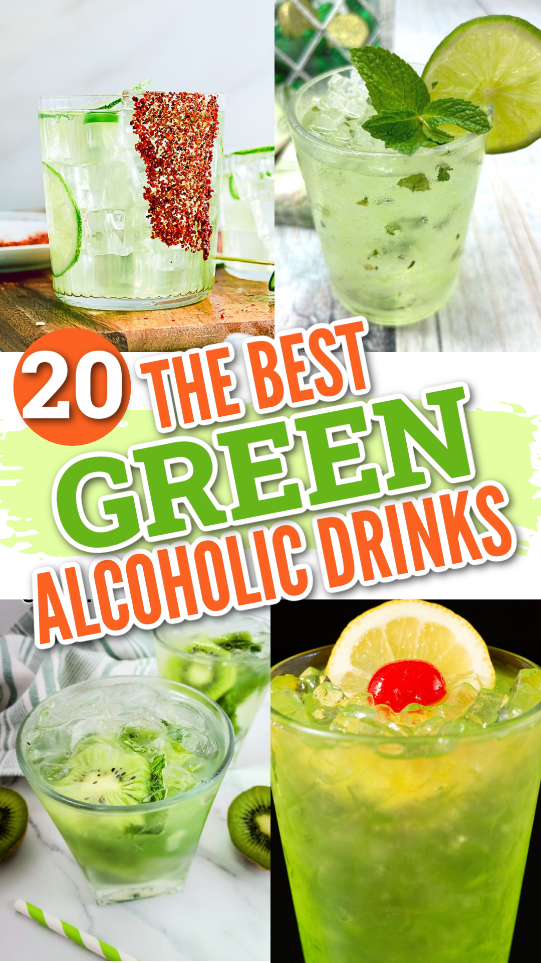 A collage of green alcoholic drinks including kiwi mojito, green martini, mojitos and green margaritas.