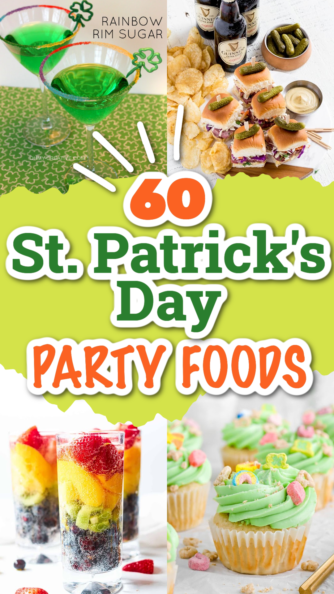 A collage of festive St. Patrick's Day party food including Irish recipes, treats, jello shots and cocktails.