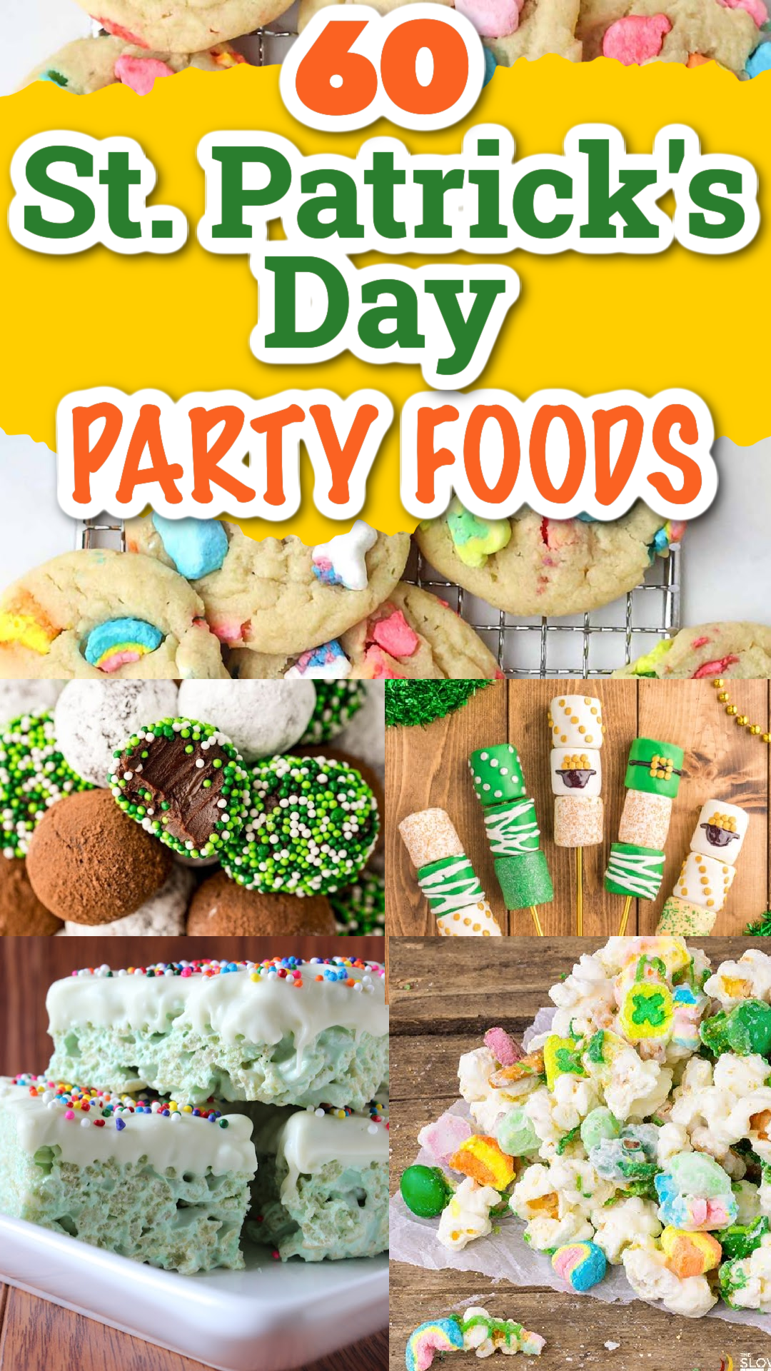 A collage of festive St. Patrick's Day party foods including Irish recipes, treats, jello shots and cocktails.