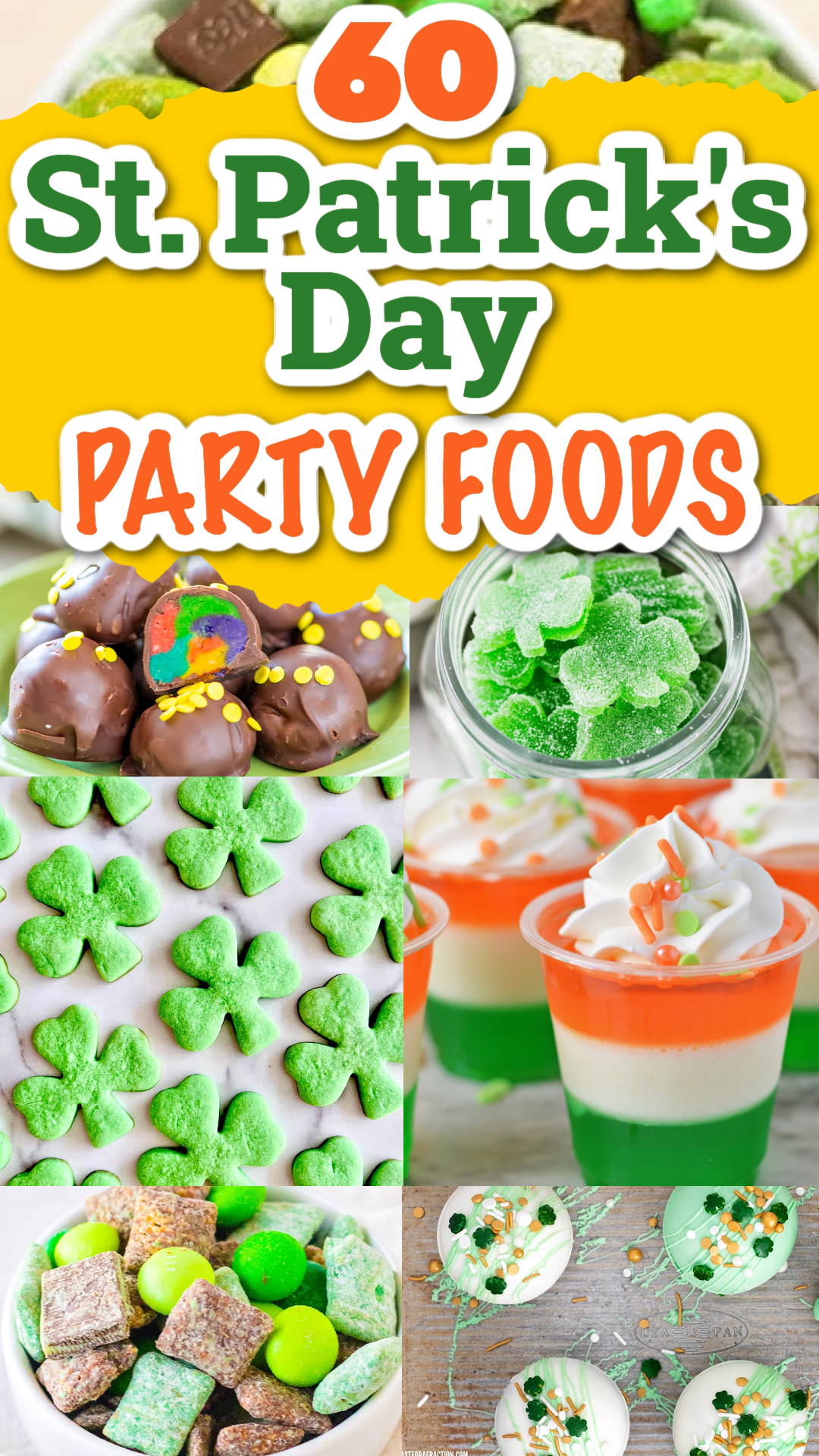 A collage of festive St. Patrick's Day party food including desserts, jello shots and cocktails.