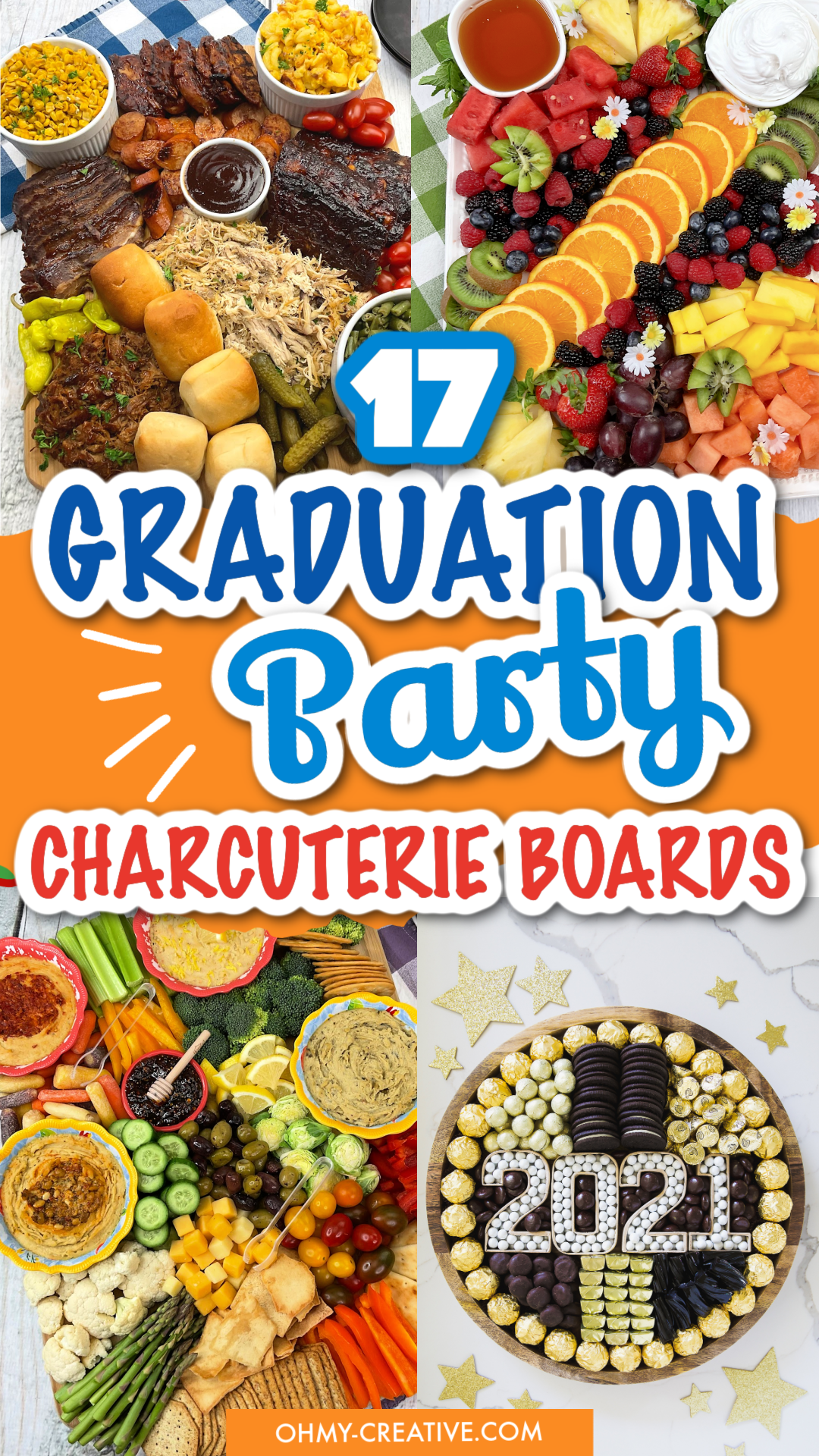 a pin collage of graduation party charcuterie boards including dessert and savory charcuterie trays.