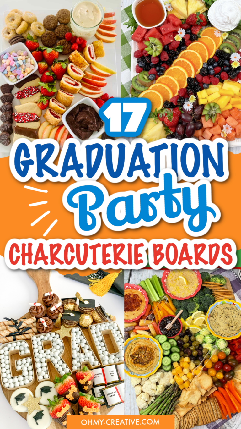 a pin collage of graduation party charcuterie boards including dessert and savory charcuterie trays.