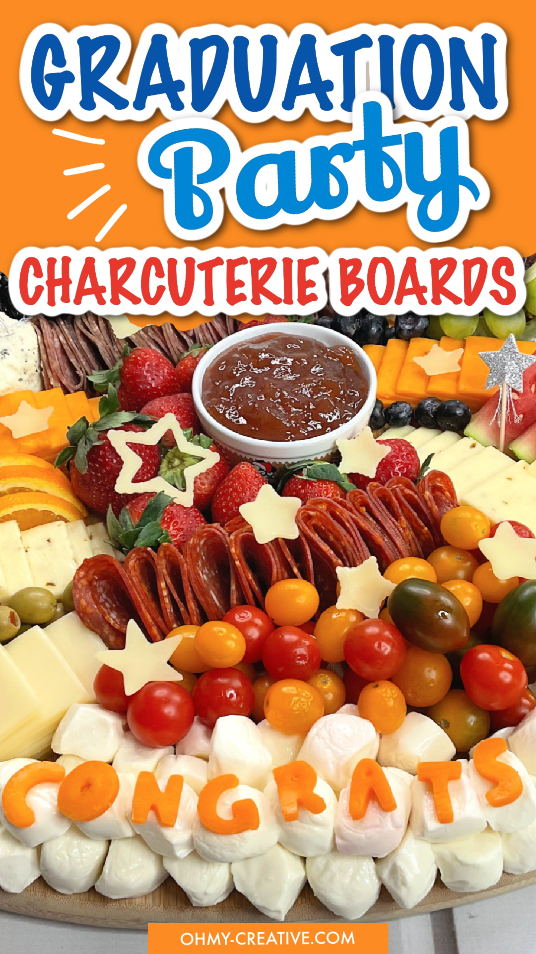 a pin collage of graduation party charcuterie board that says "congrats" cut out of cheese and cheese stars.