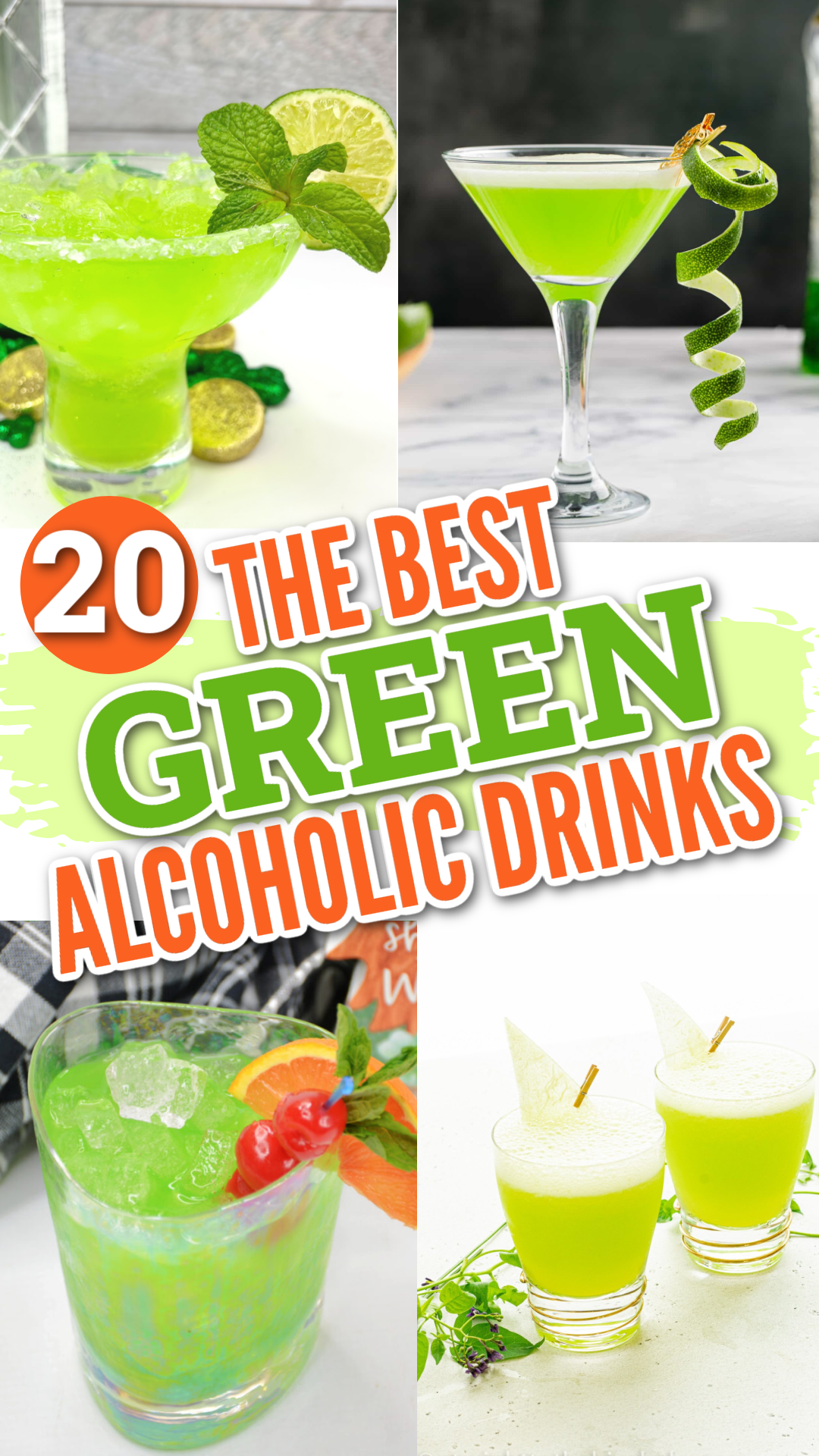 A collage of green alcoholic drinks including kiwi drinks, green martini, mojitos and green margaritas.