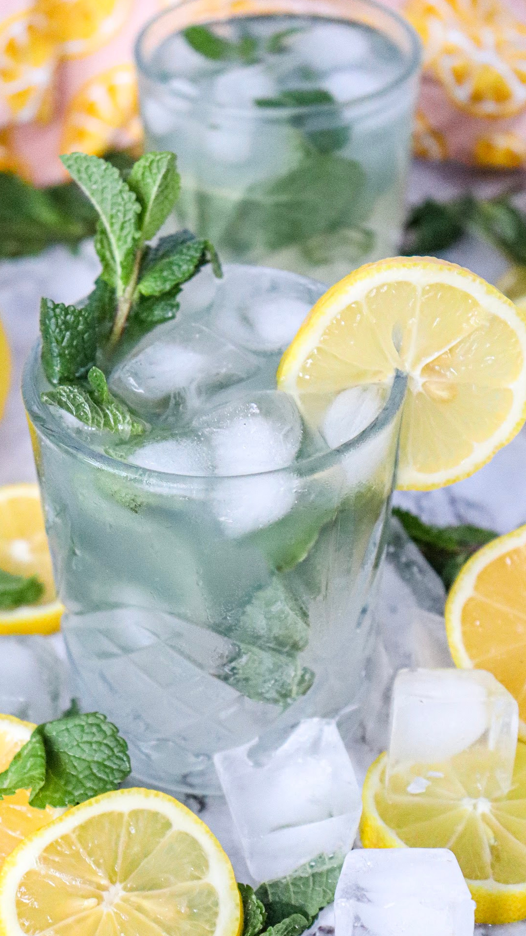 a lemon mojito cocktail garnished with a wheel of lemon and fresh mint.