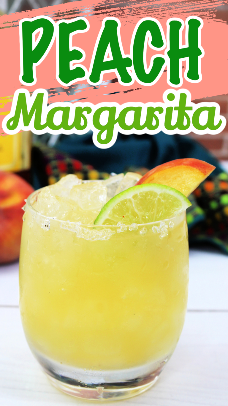 Pin image with text of a peach margarita garnished with a slice of peach and a wedge of lime.