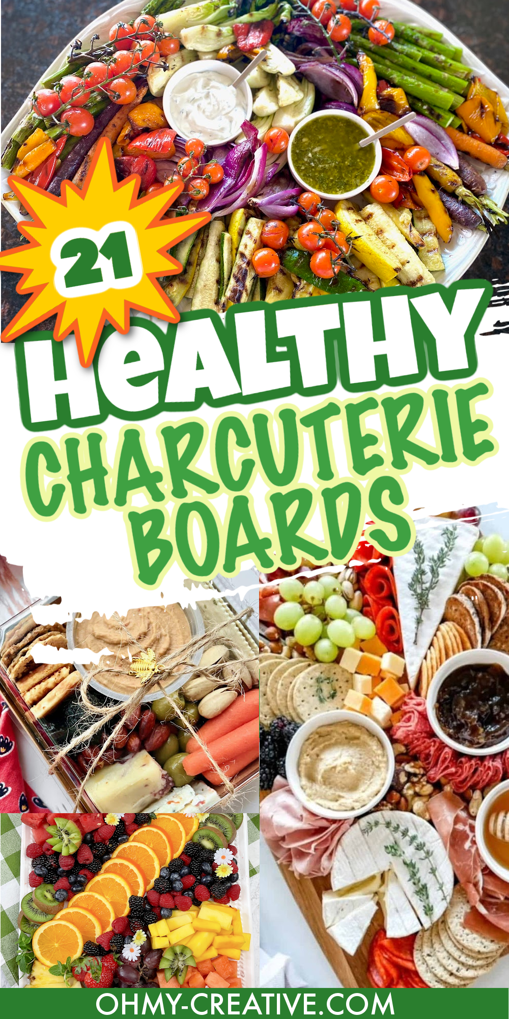 A pin collage healthy charcuterie boards with bold type in the center.