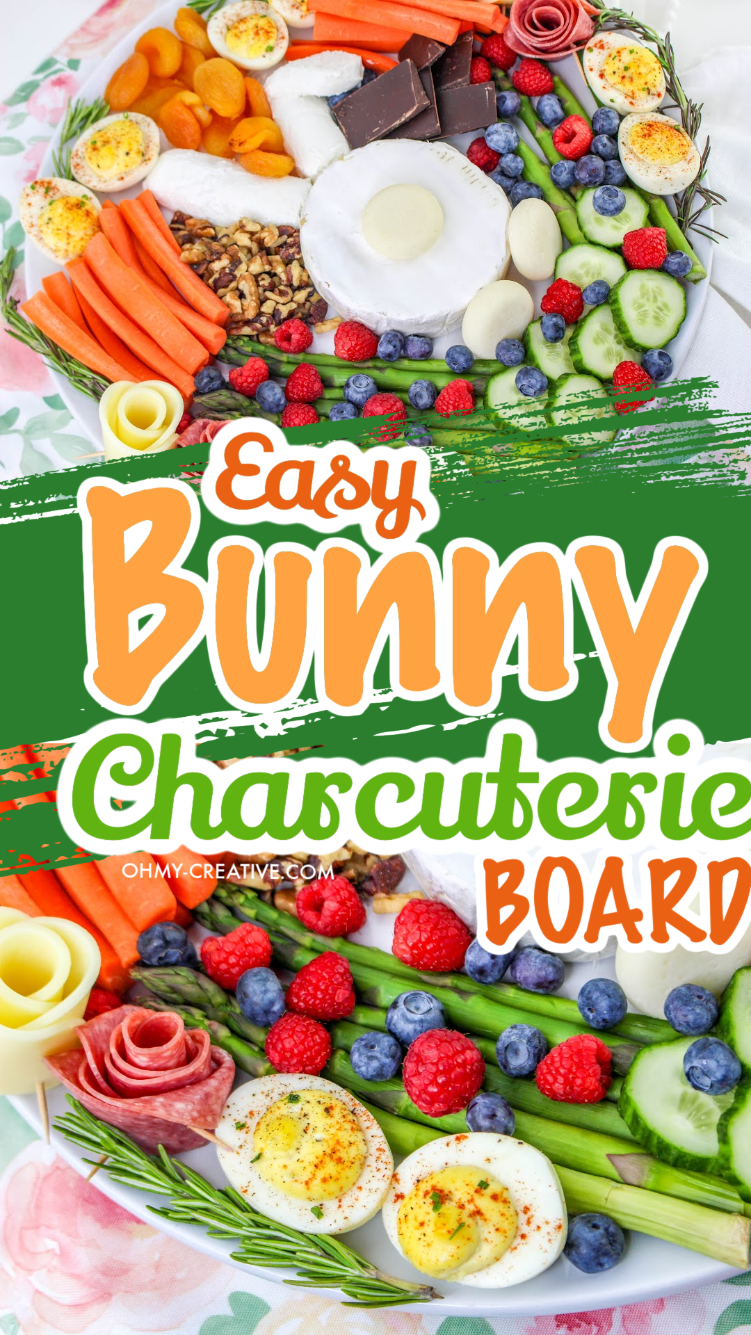 A two image pin image for bunny made of cheese in the center of a fruit and vegetable charcuterie board.