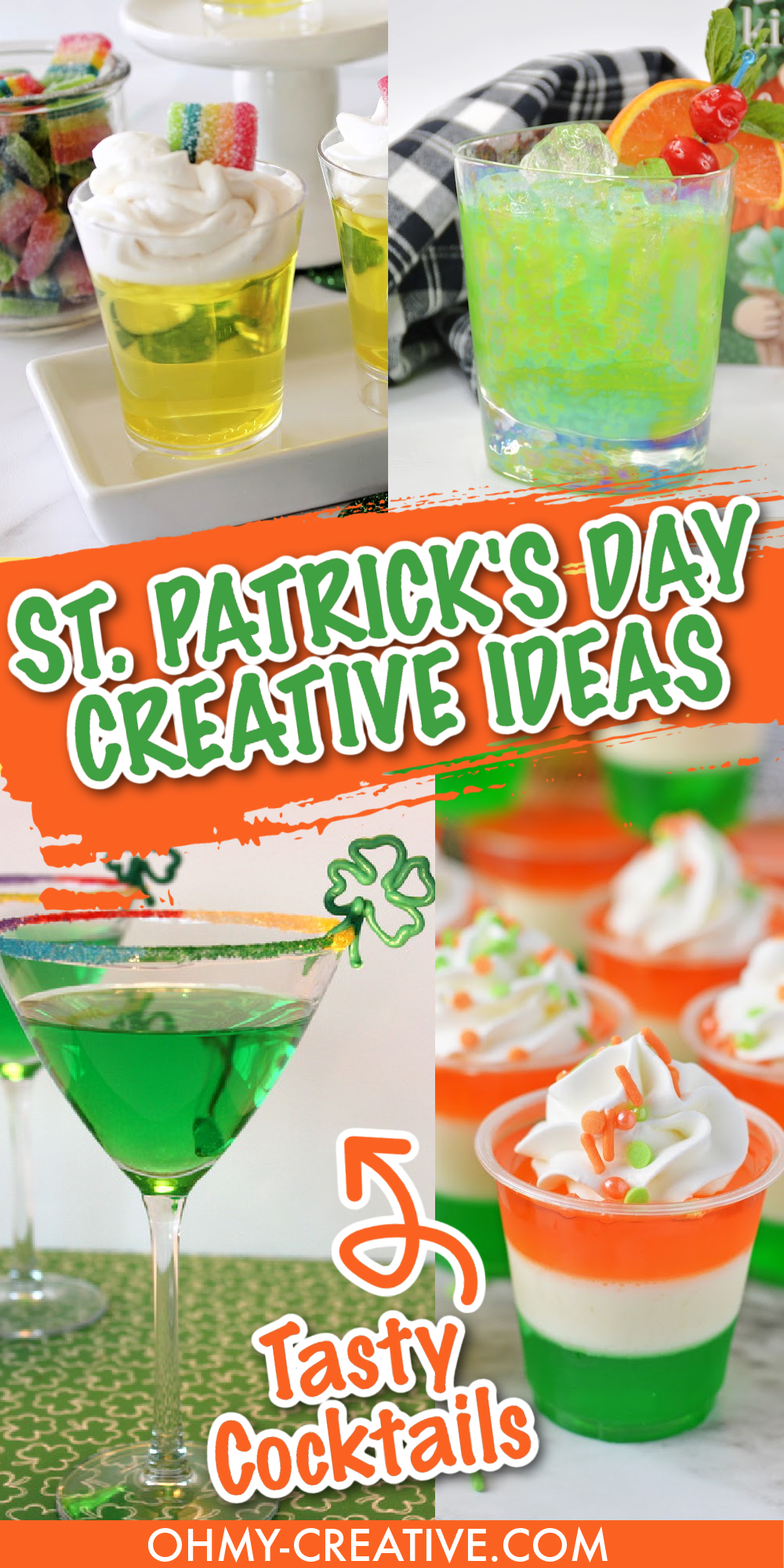 A pin image collage of St. Patrick's Day ideas including, cocktails, printables, crafts, & recipes to celebrate the holiday.