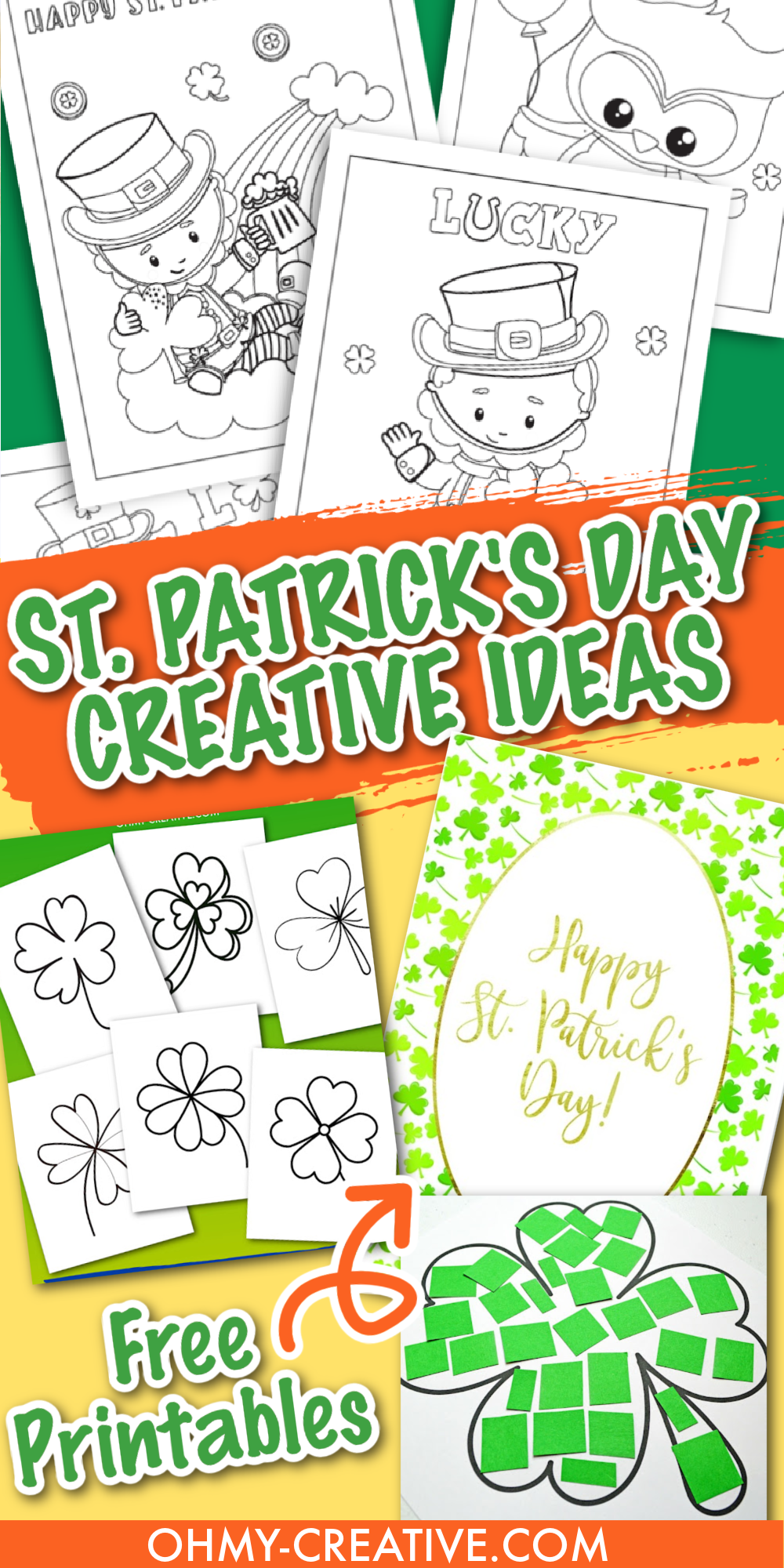A pin image collage of St. Patrick's Day ideas including, printables, crafts, recipes to celebrate the holiday.