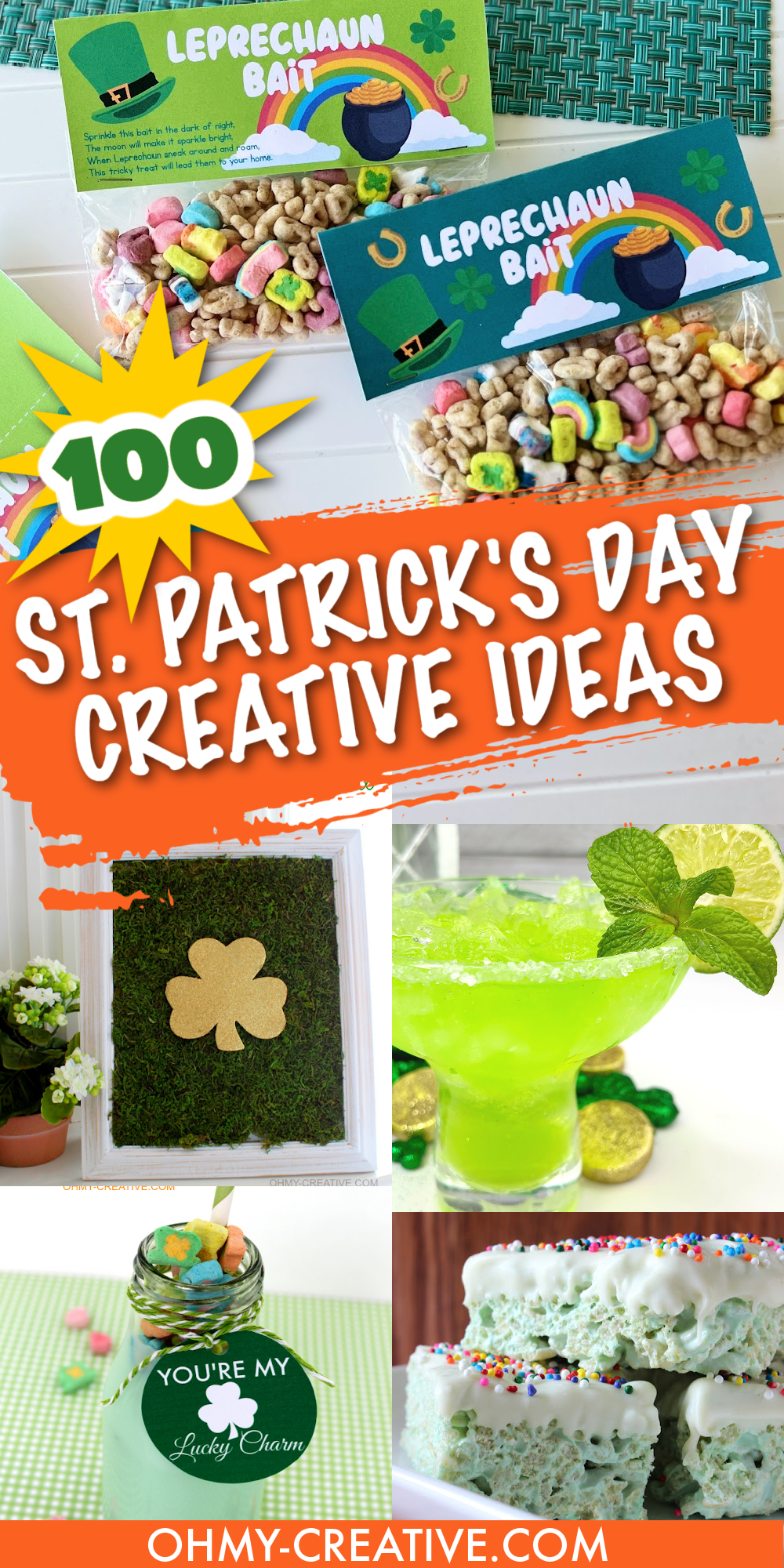 A pin image collage of St. Patrick's Day ideas including crafts, recipes, printables to celebrate the holiday.