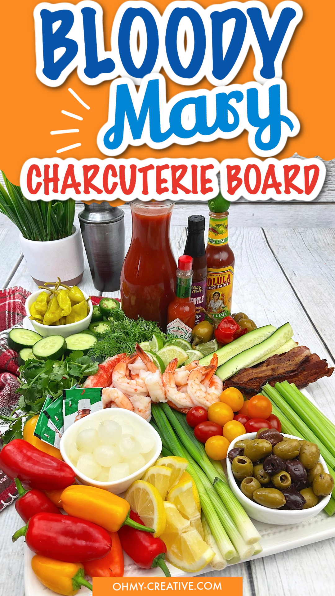 A pin image of a bloody mary charcuterie board with all the garnishes.