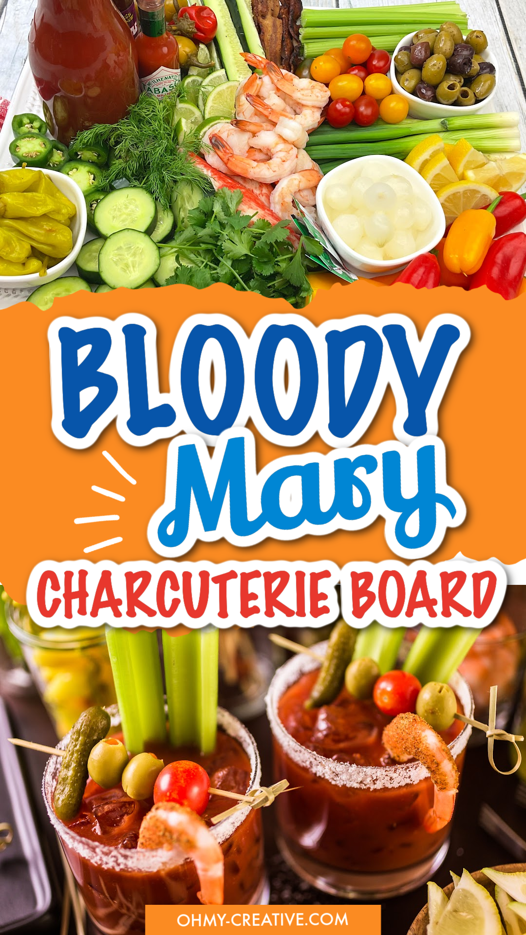 A double pin image of a bloody mary charcuterie board with a second image of two bloody mary cocktails