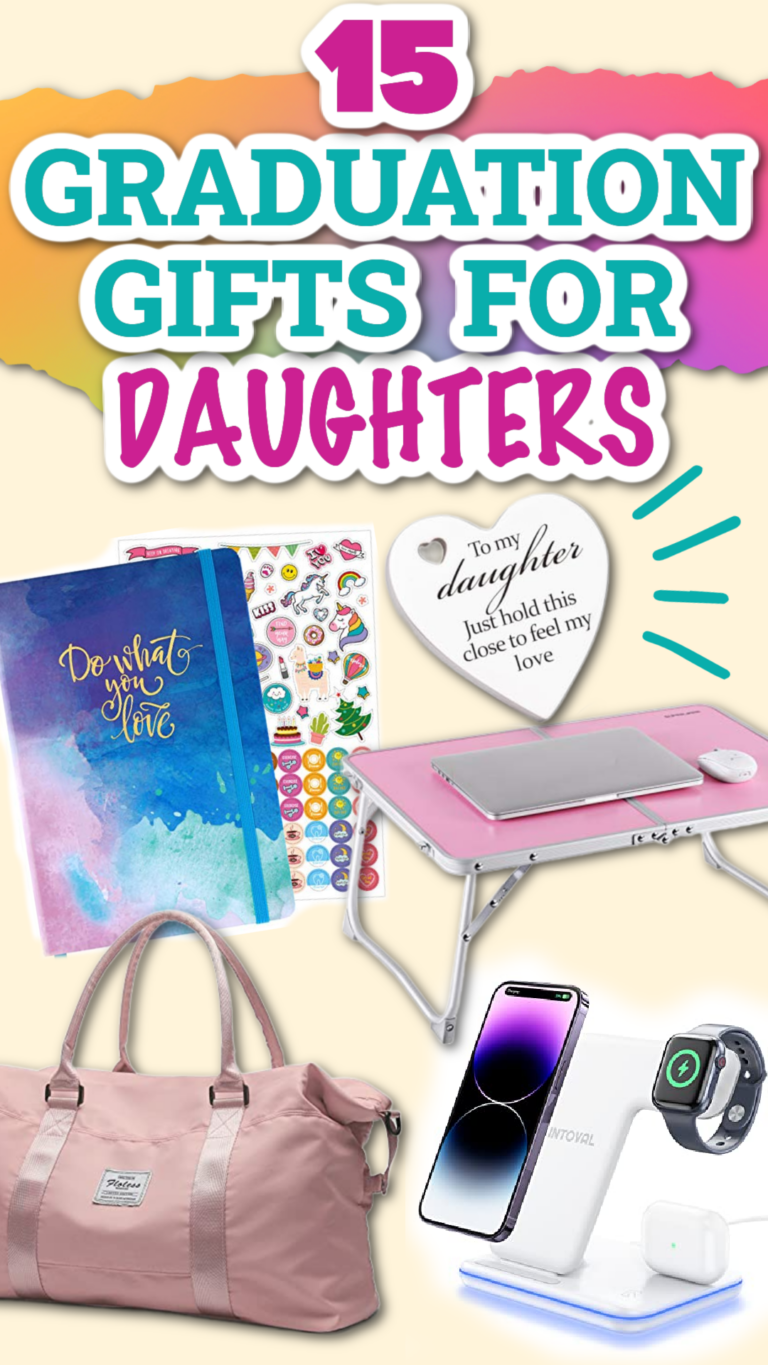 A pin collage of graduation gifts for daughters including a travel bag, a lap computer desk and journal.