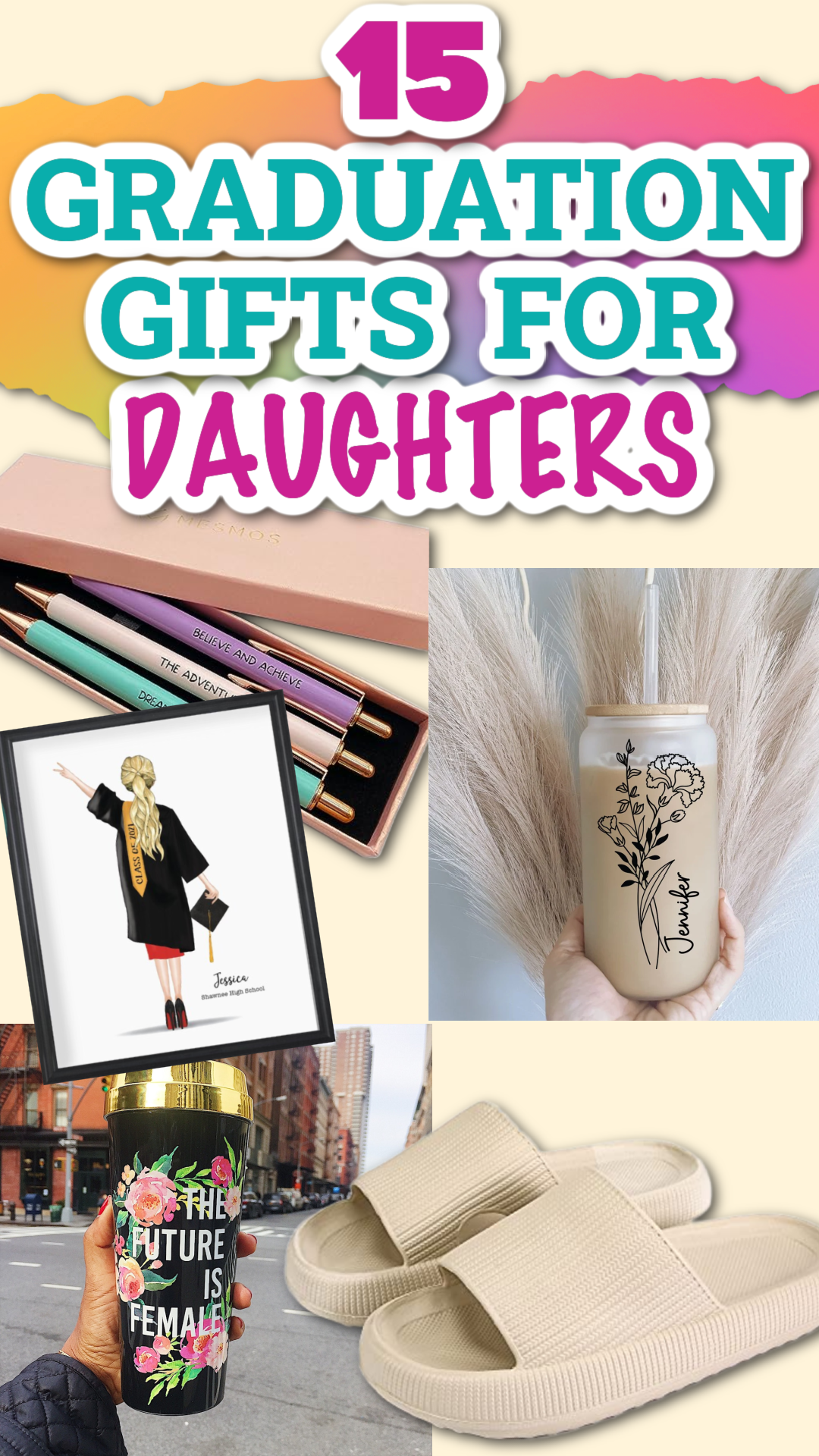 A pin collage of graduation gifts for daughters including a travel mugs, pens and more.