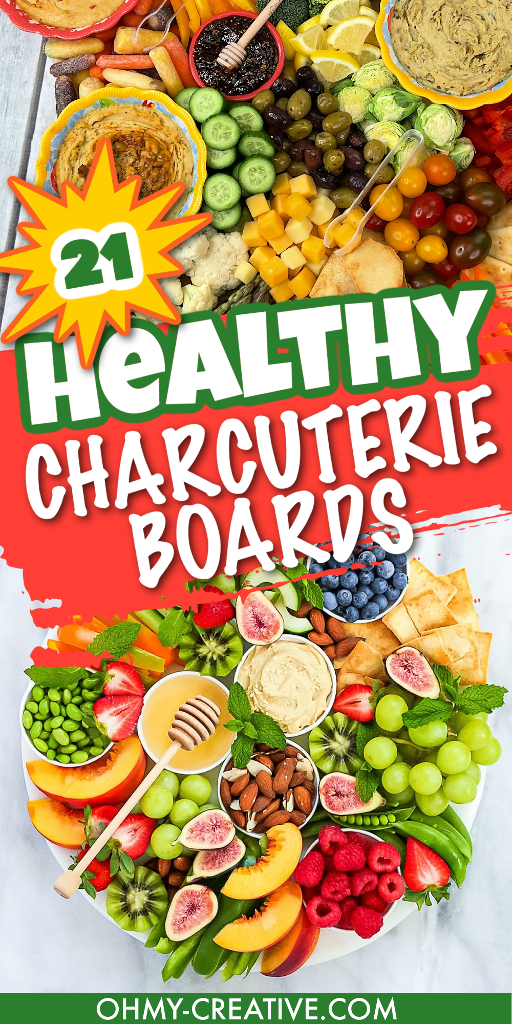 A pin collage of two beautiful healthy charcuterie boards with bold type in the center.