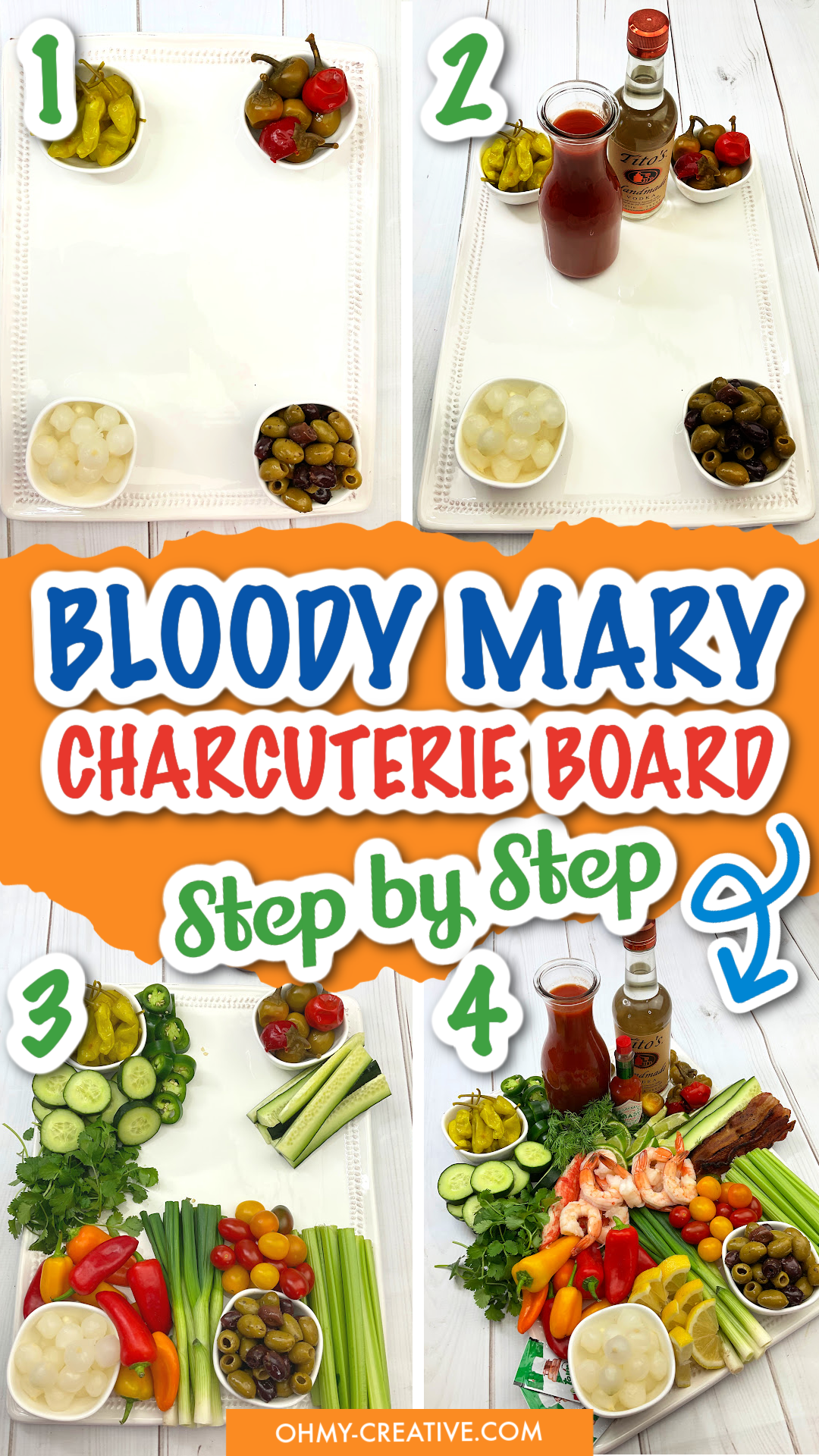 a pin image showing four photos for step by step instructions for a bloody mary charcuterie board
