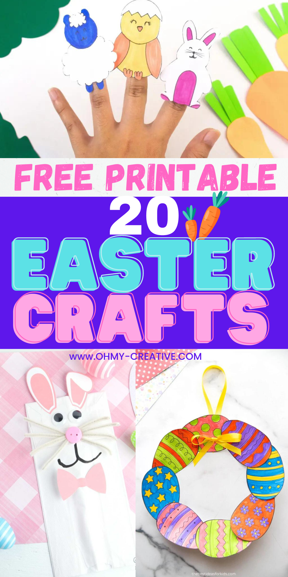 A pin collage for 20 easter crafts for kids that include free printables.