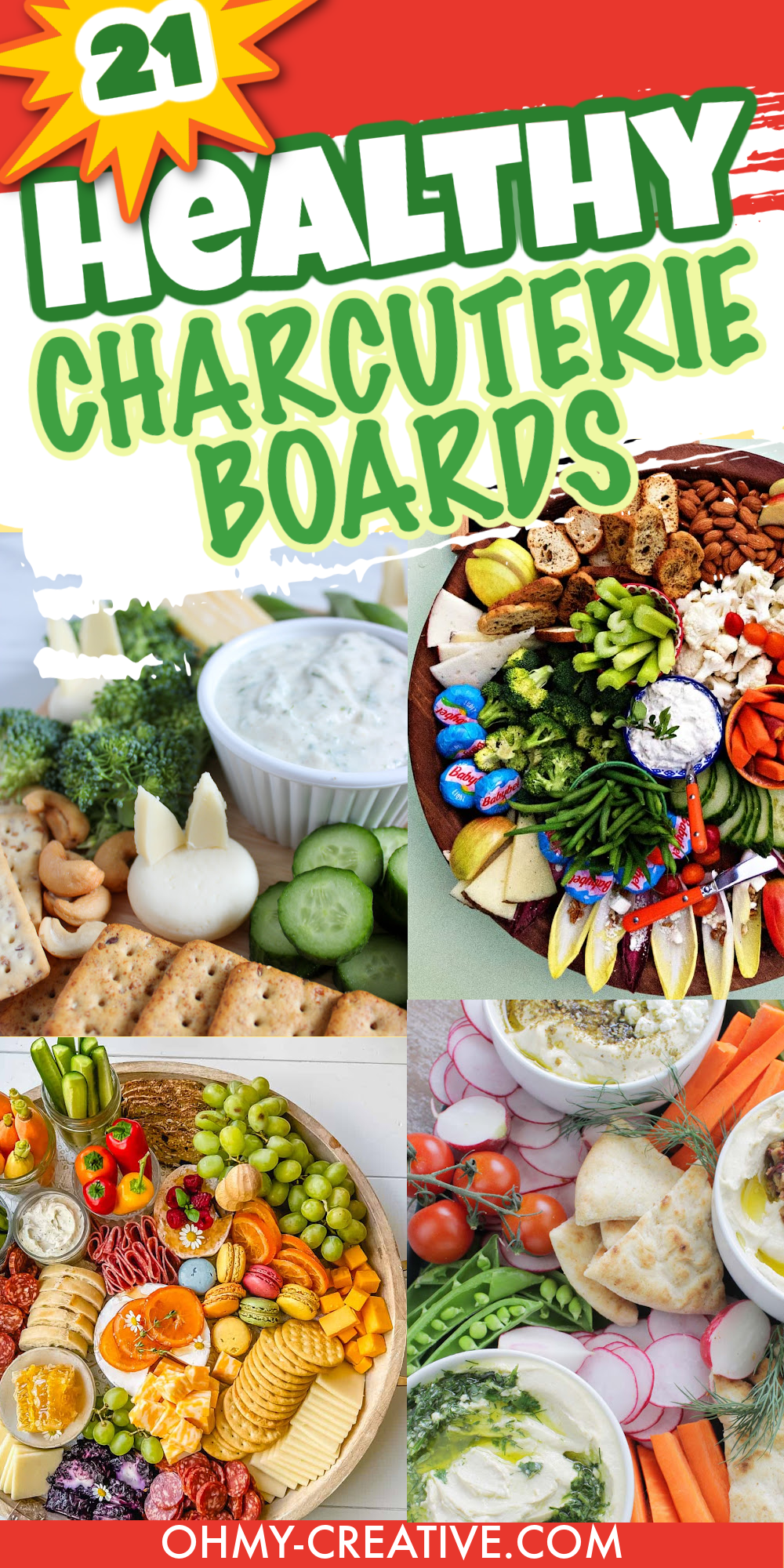 A pin collage healthy charcuterie boards with bold type at the top.
