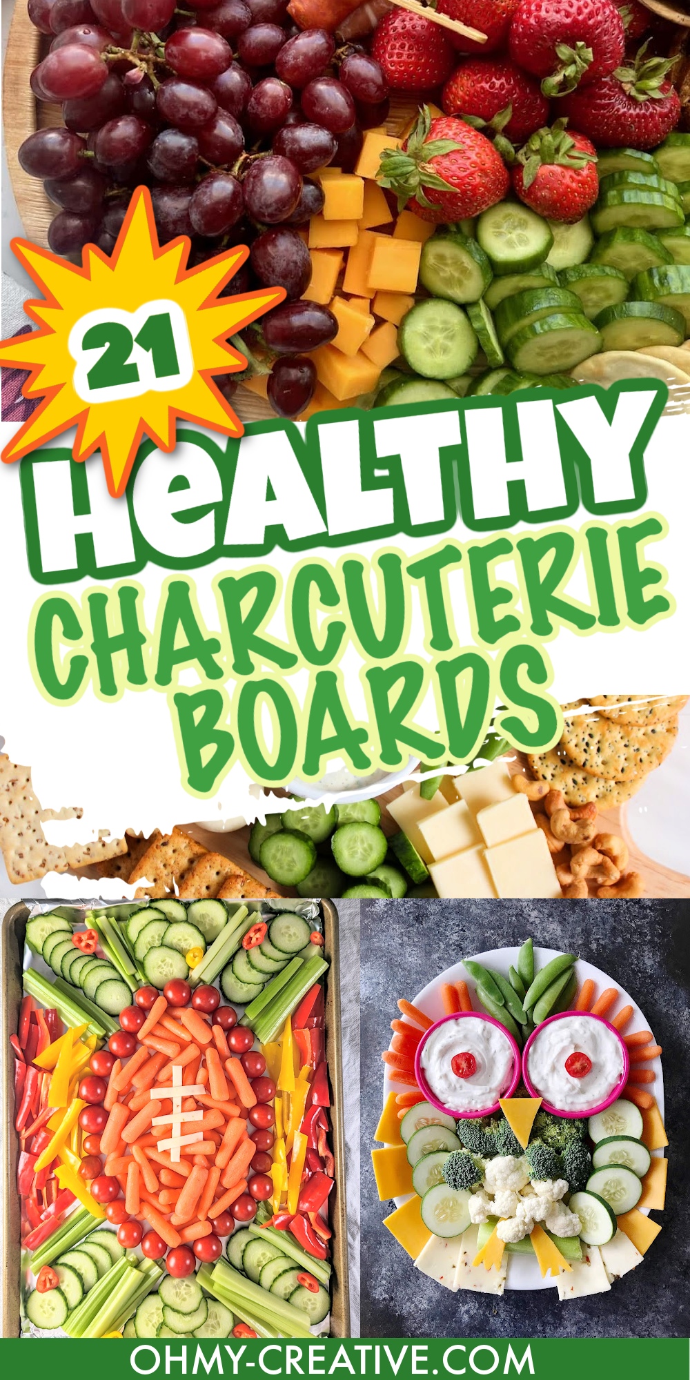 A pin collage healthy charcuterie boards with bold type in the center.