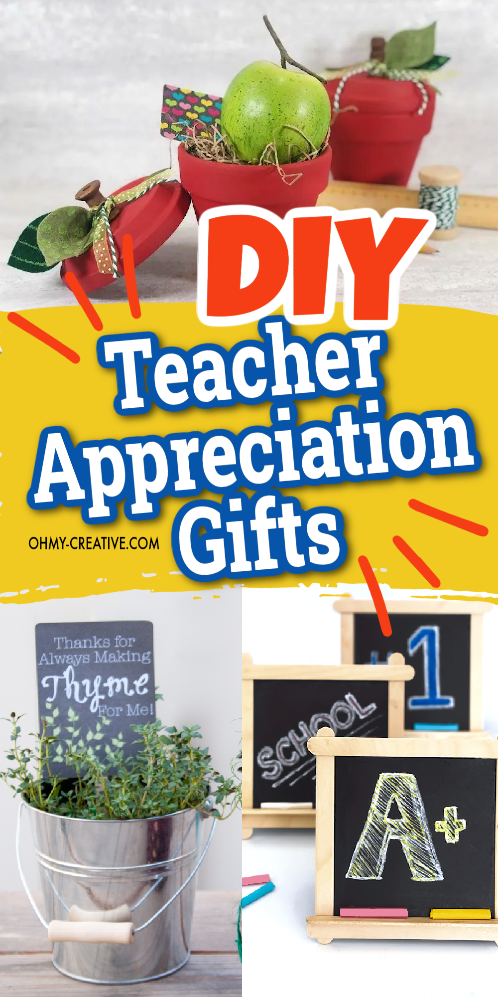 A pin collage of DIY teacher appreciation gifts including free printables.