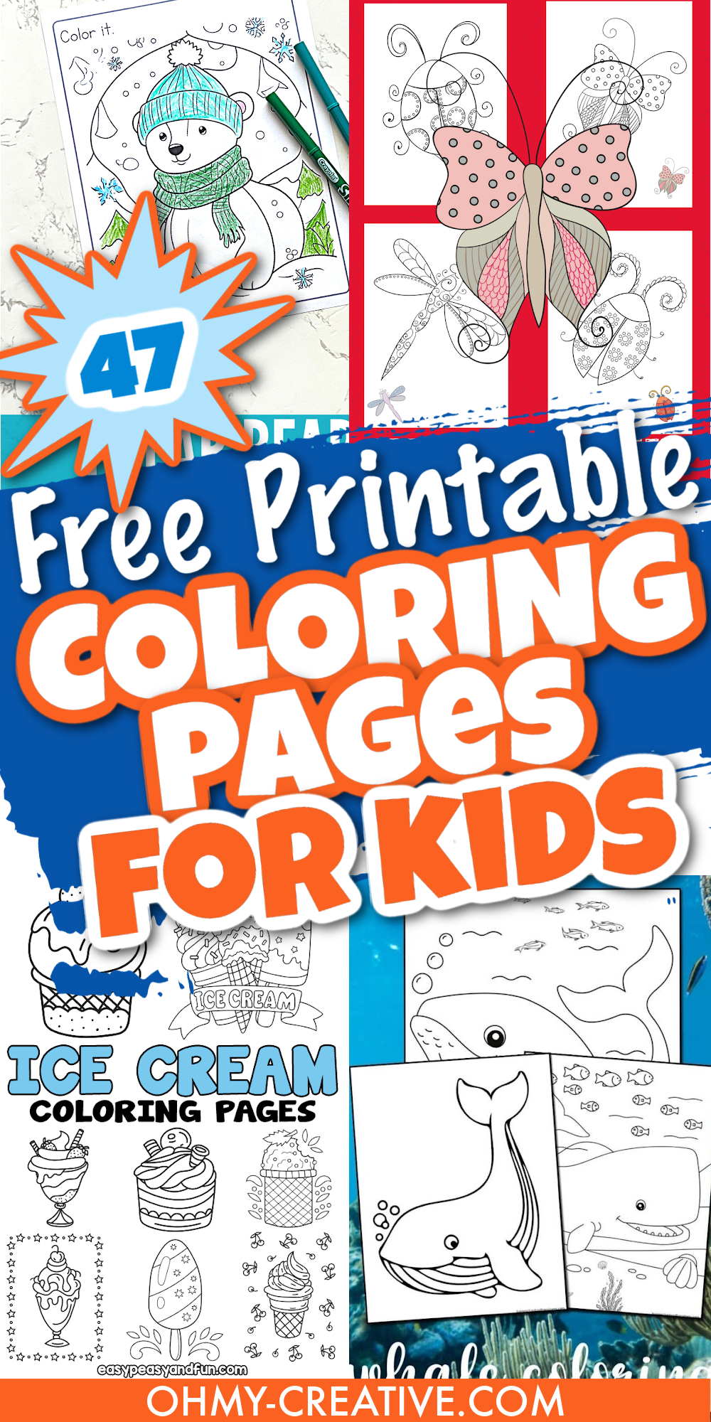 A pin collage with blue and orange type for free printable coloring pages for kids