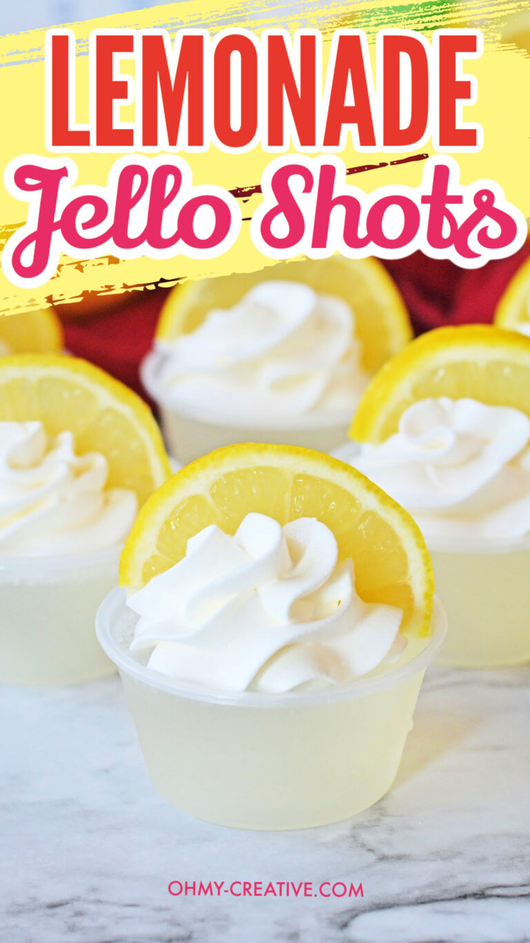 pin image and a close up of a few lemonade jello shots topped with whipped cream and a wedge of lemon