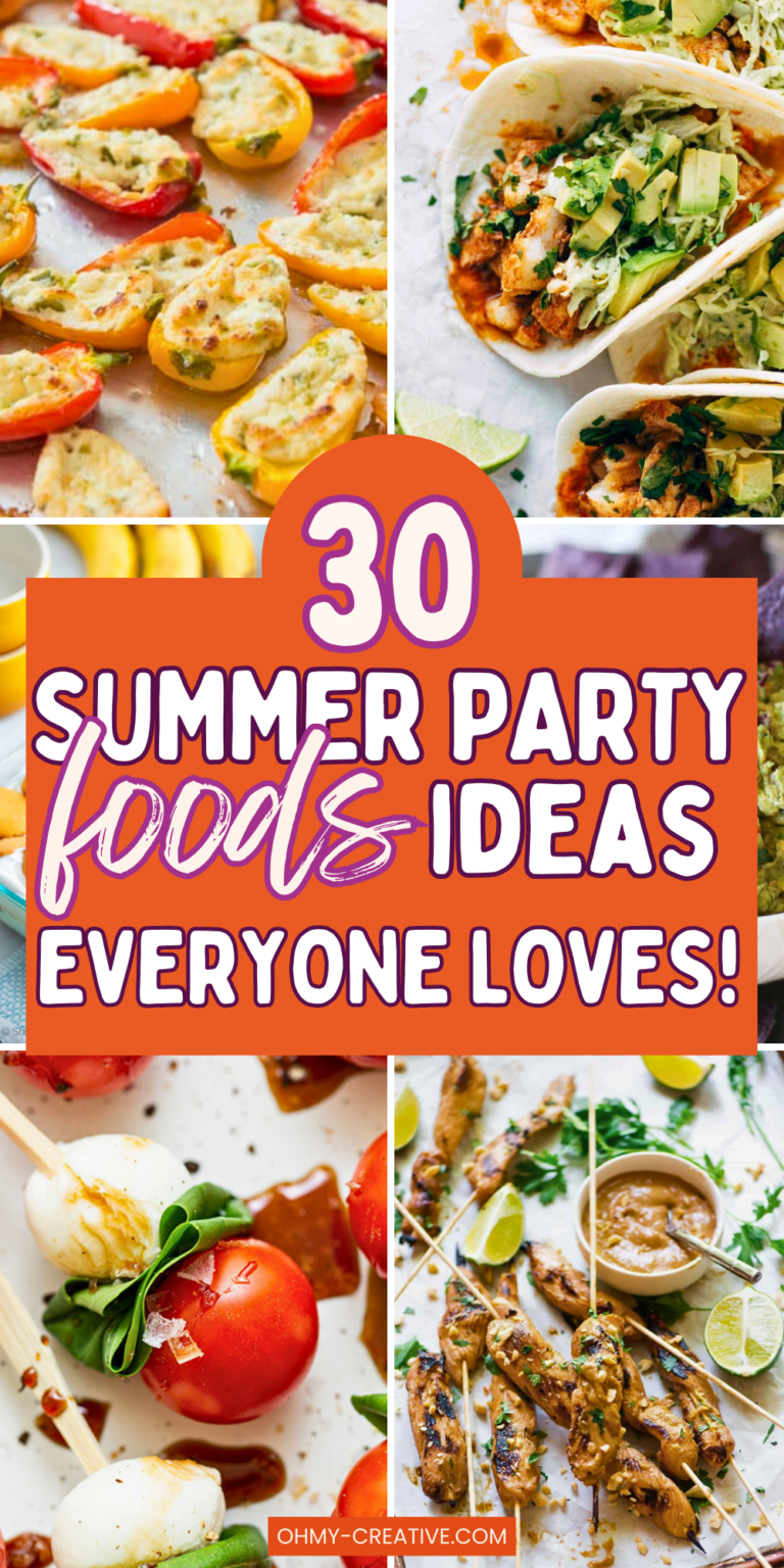 Photo collage of summer party foods like lemonade drinks, egg appetizers, guacamole dips, and skewers with the text "30 Summer Party Foods Ideas Everyone Loves".