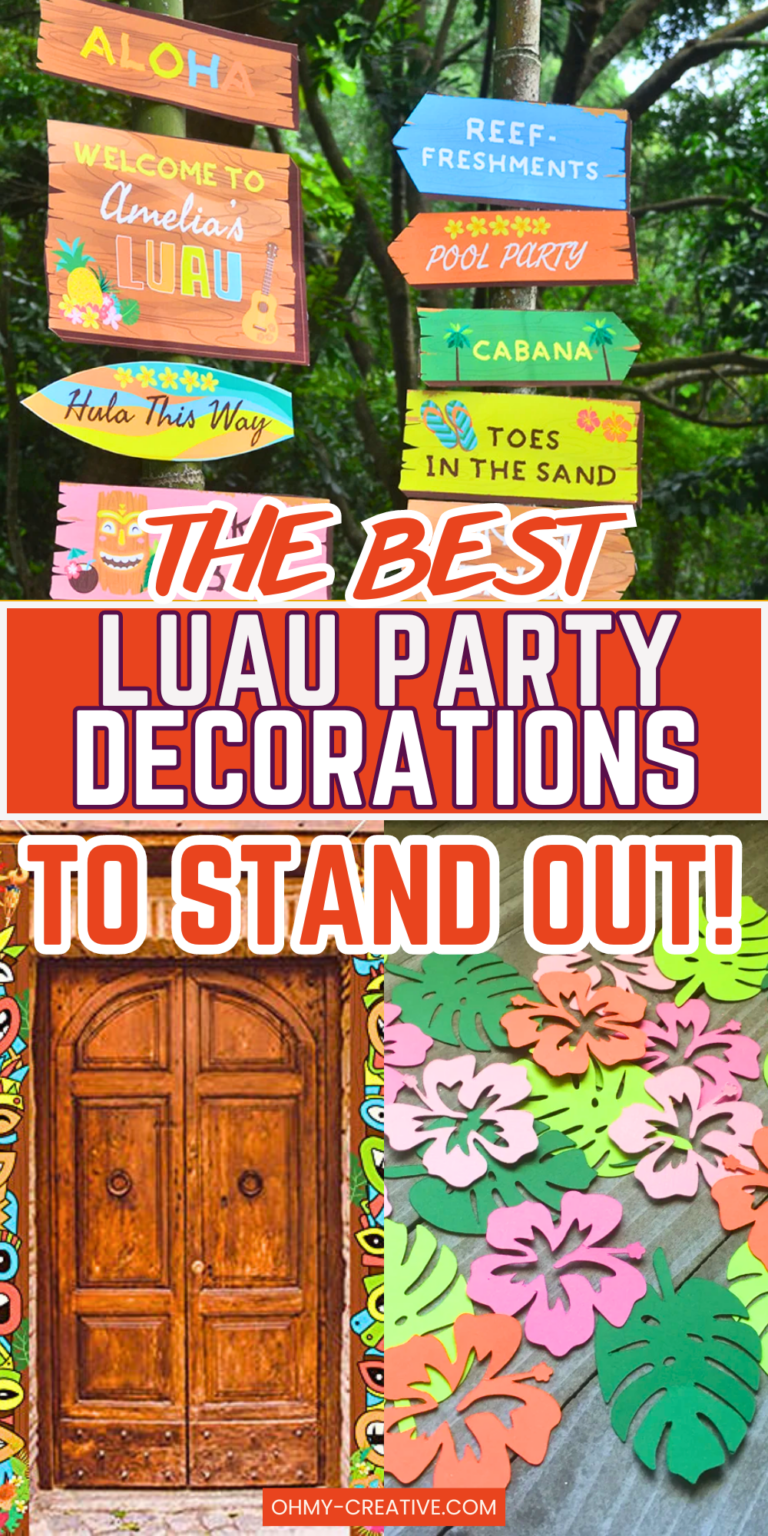 Photo collage with the text “The Best Luau Party Decorations to Stand Out”. The collage includes a photo of tropical signs, decorated door, and flower cut outs.