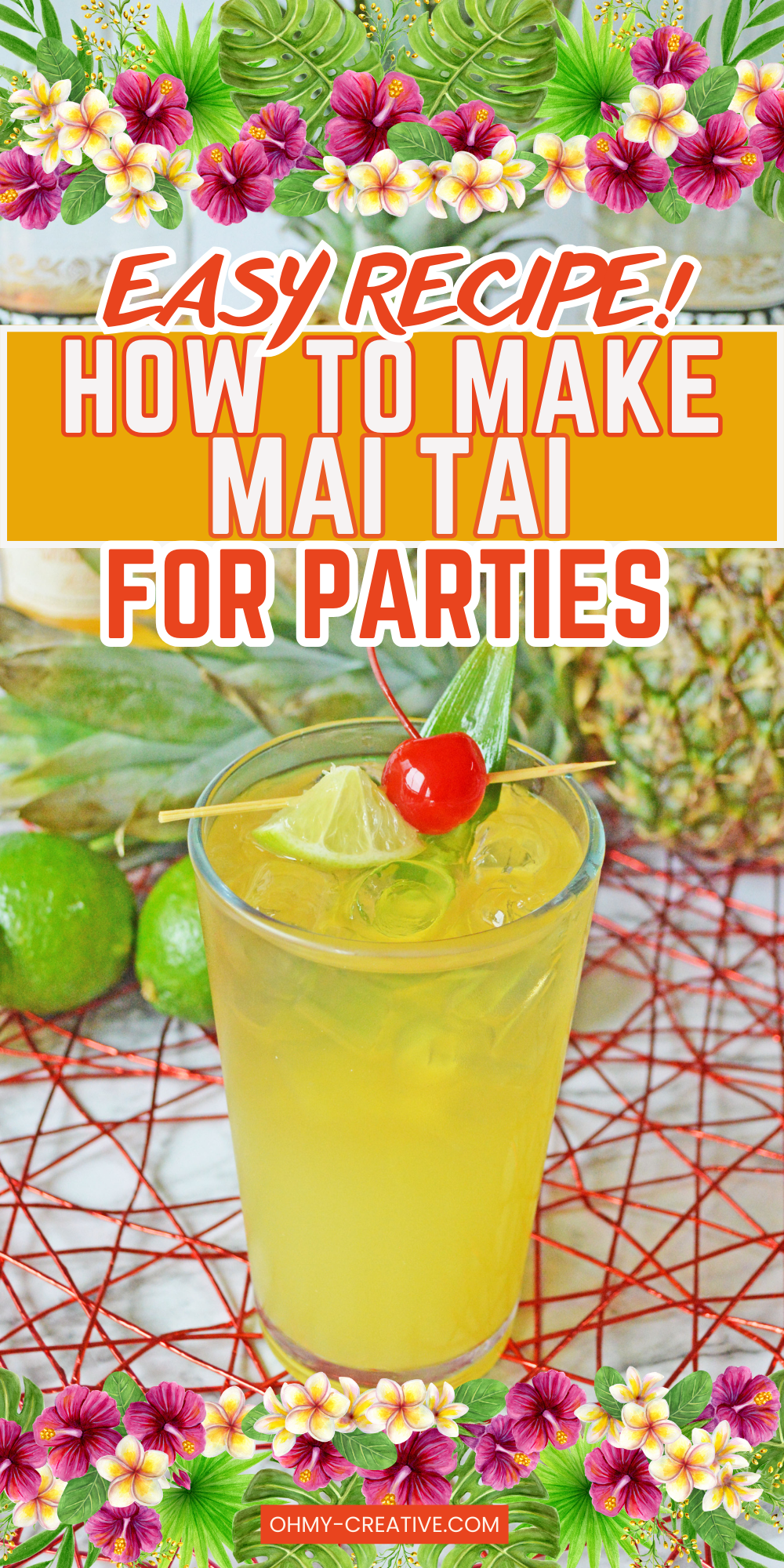 Picture of a mai tai in a glass with the text "How to make Mai Tai for Parties."