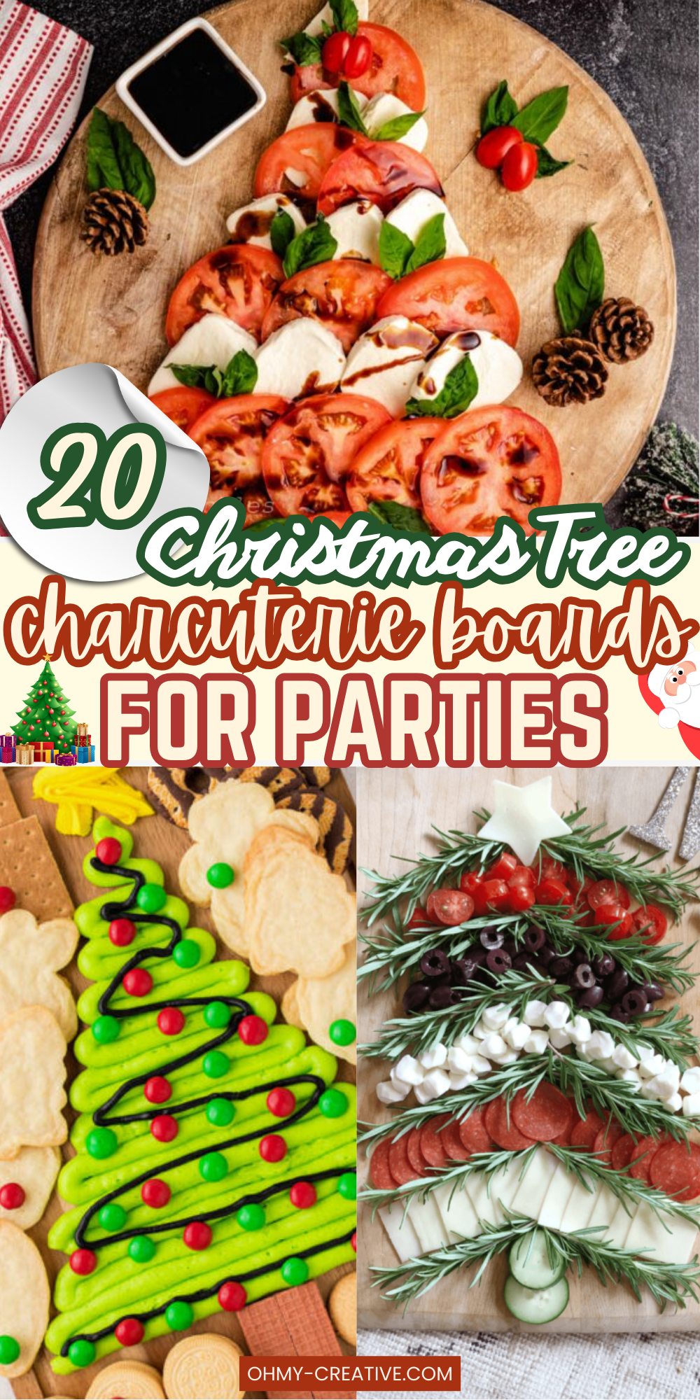 Collage of charcuterie boards shaped like Christmas trees with the text "20 Christmas Charcuterie Boards for Parties".