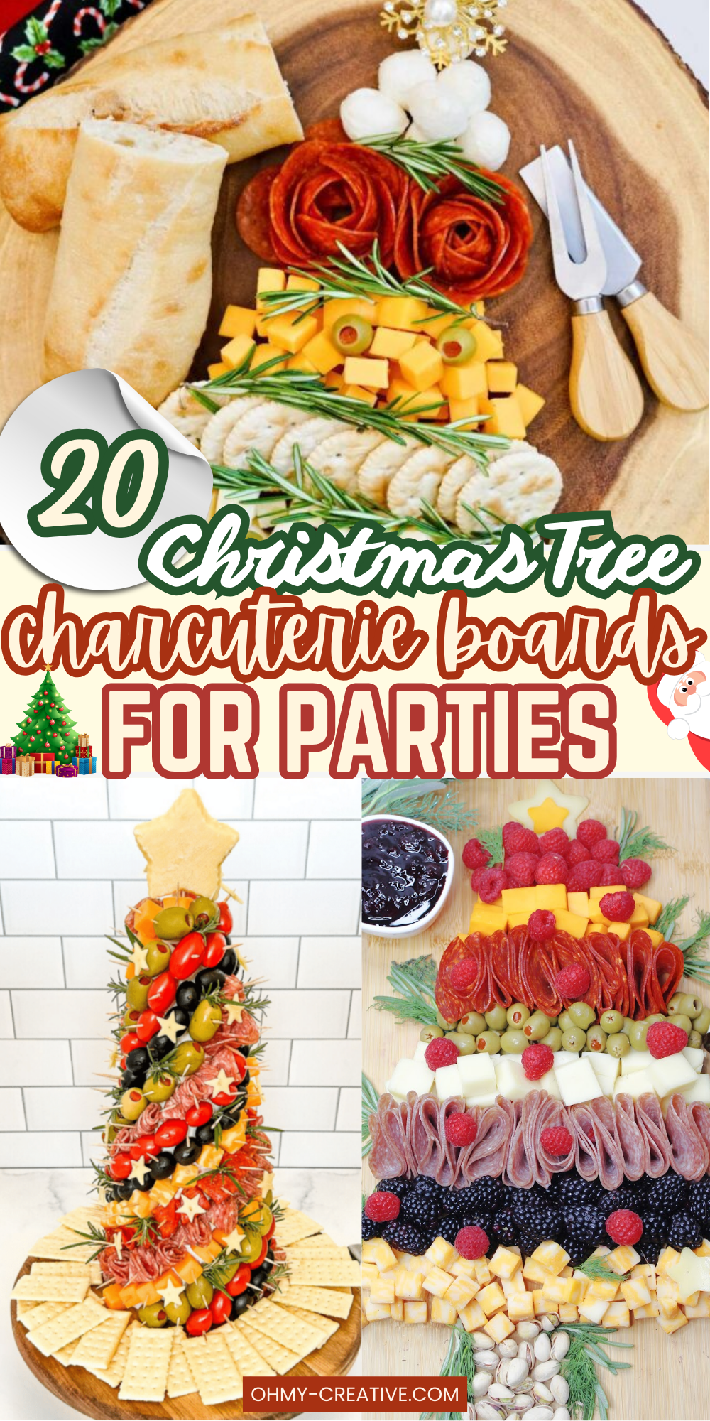 Collage of charcuterie boards shaped like Christmas trees with the text "20 Christmas Charcuterie Boards for Parties".