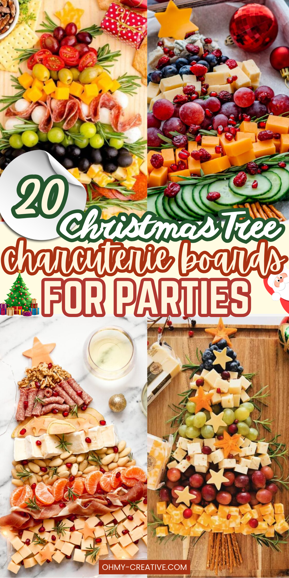 Collage of charcuterie boards shaped like Christmas trees with the text "20 Christmas Charcuterie Boards for Parties".