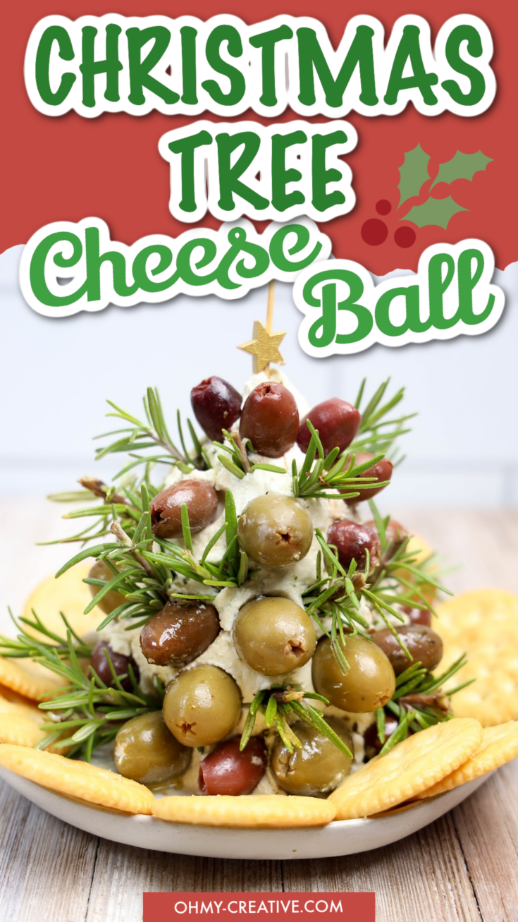 Christmas Tree Cheeseball with olives as ornaments and rosemary as leaves.