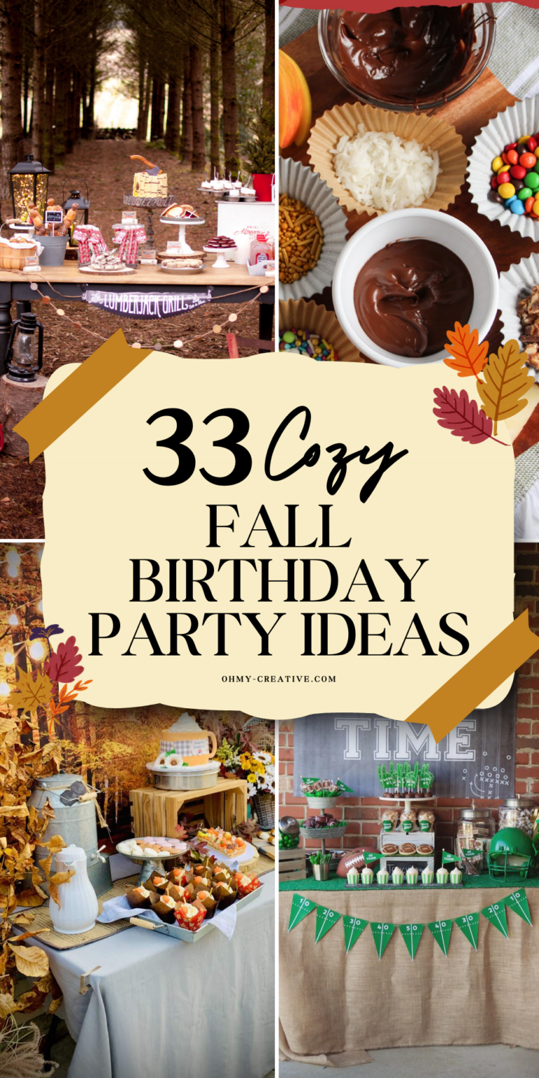 A collage image of 33 Fall Birthday Party Ideas to help you plan a birthday full of warmth and joy!