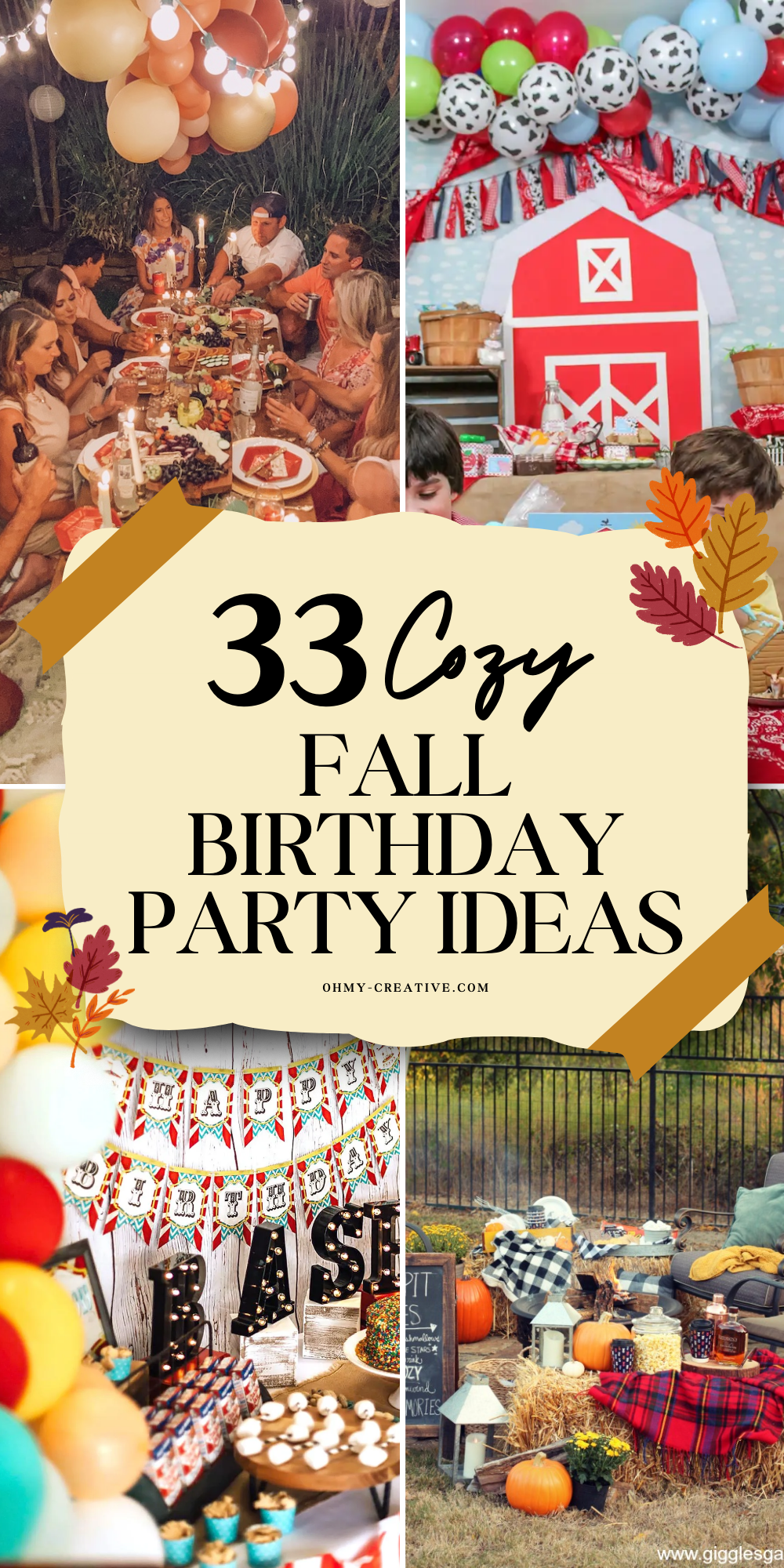 A collage image of 33 Fall Birthday Party Ideas to help you plan a birthday full of warmth and joy!