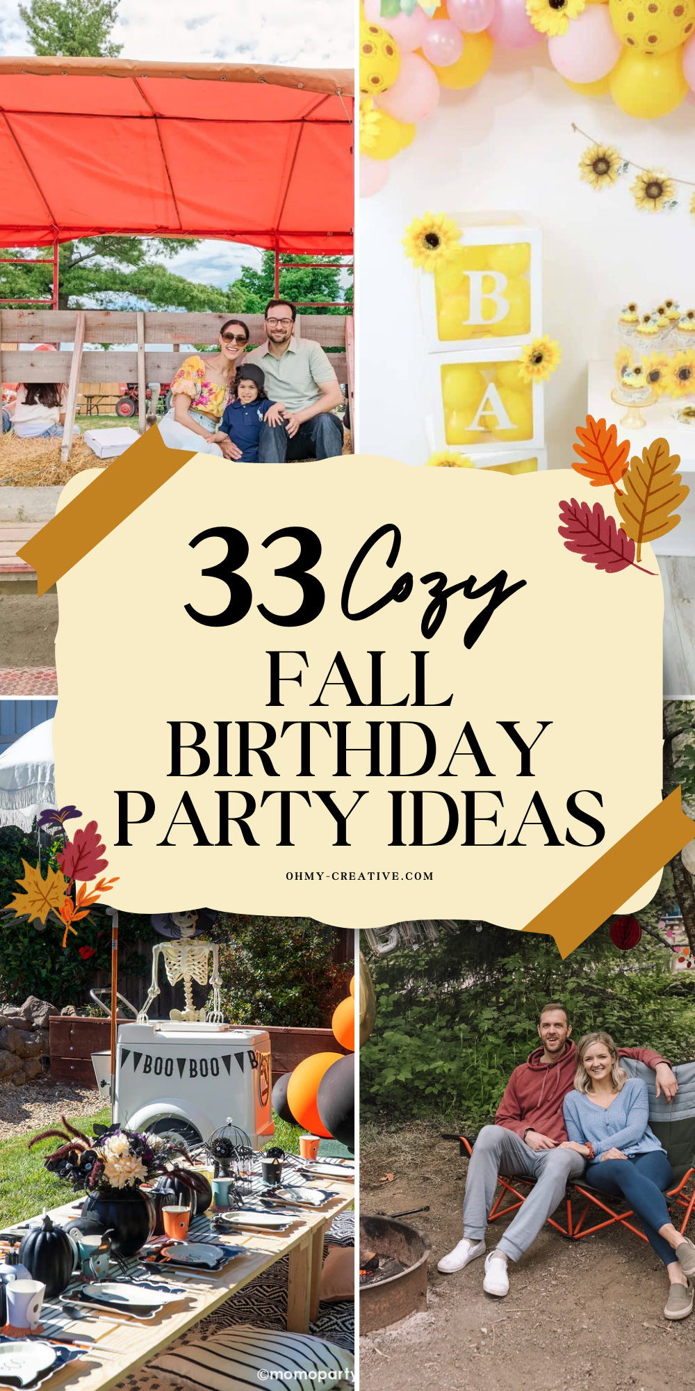 A collage image of 33 Fall Birthday Party Ideas to help you plan a birthday full of warmth and joy!