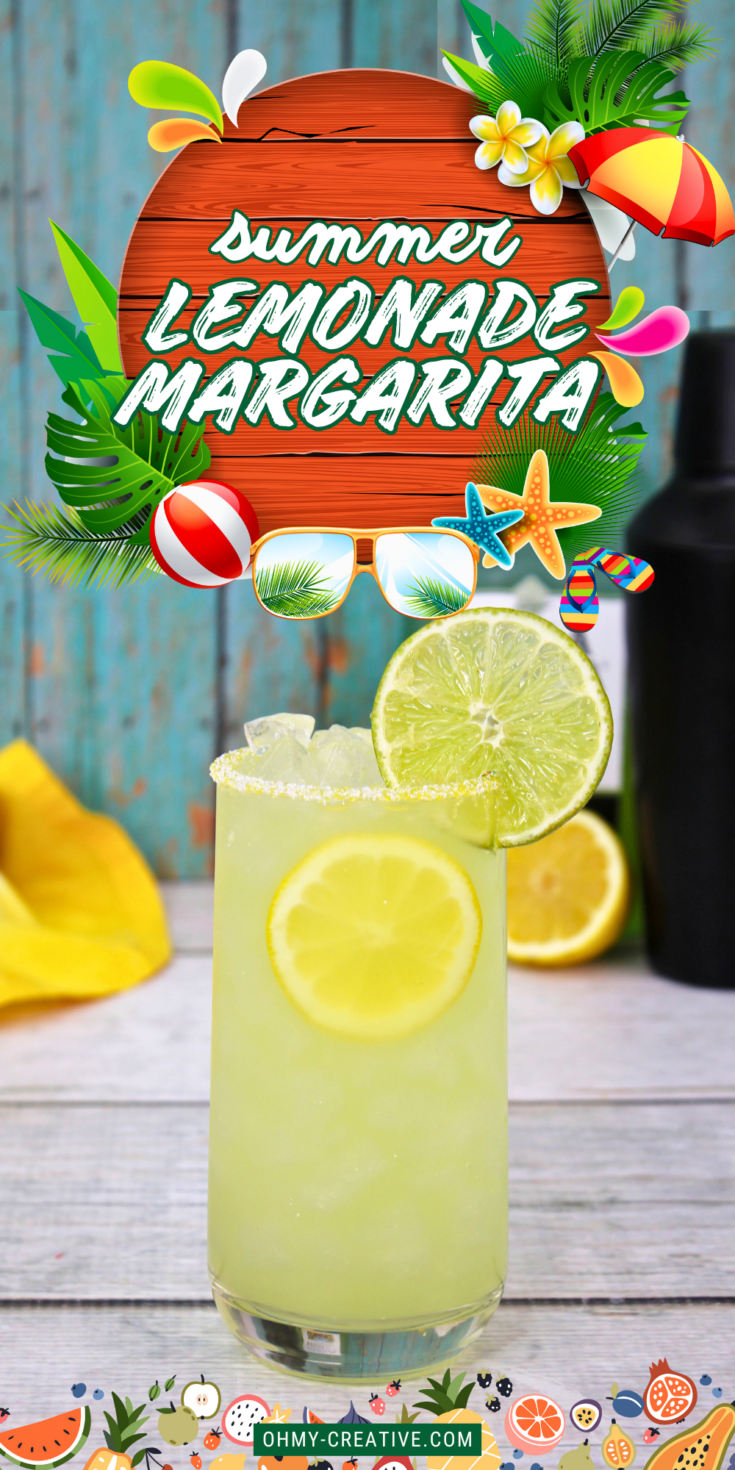 A vibrant summer lemonade margarita served in a glass with a sugared rim, garnished with lemon and lime slices. Surrounded by tropical flowers, beach-themed icons, in the background. A colorful sign in the center reads “Summer Lemonade Margarita".